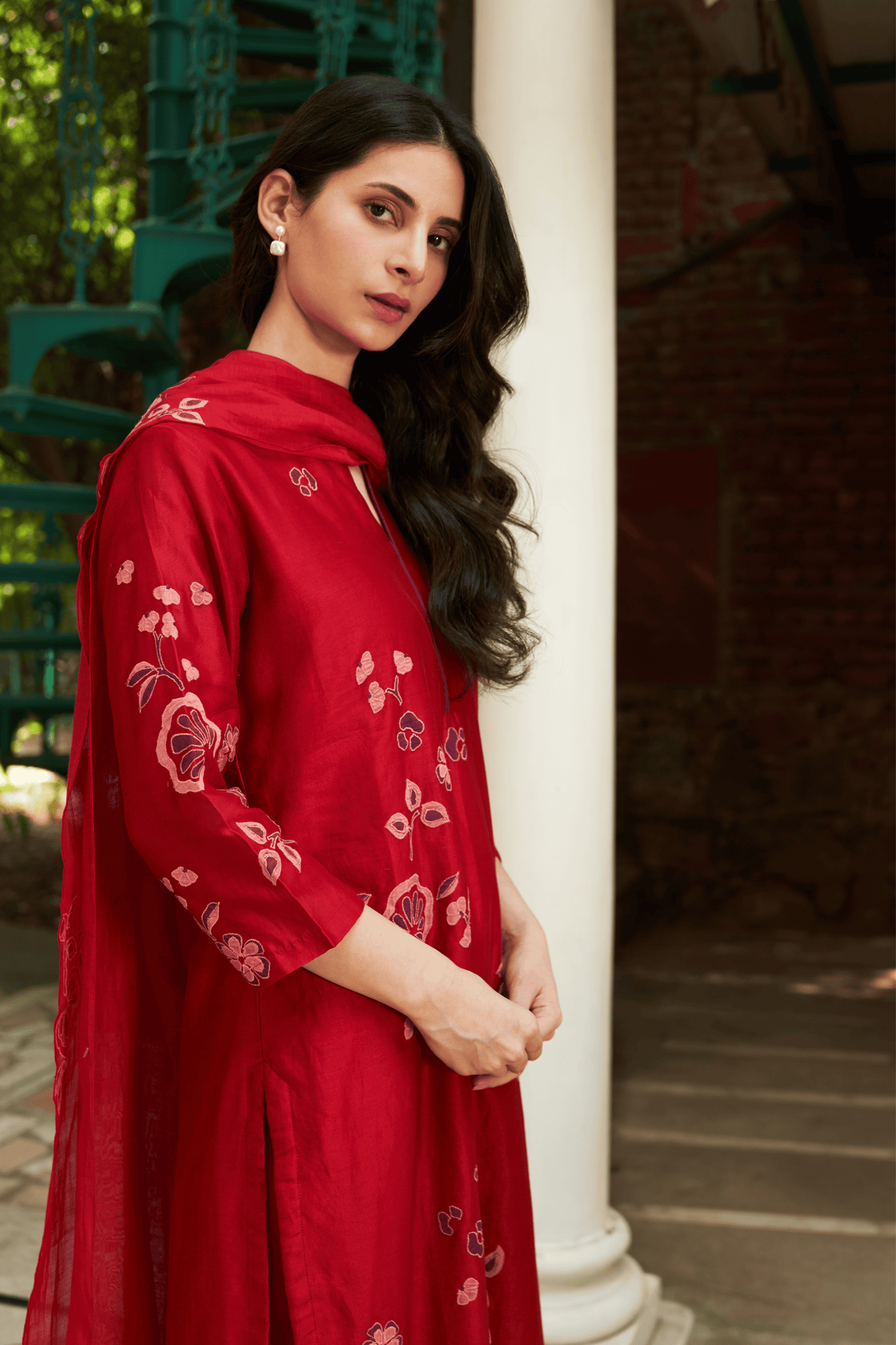 Crimson Floral Applique Kurta Set