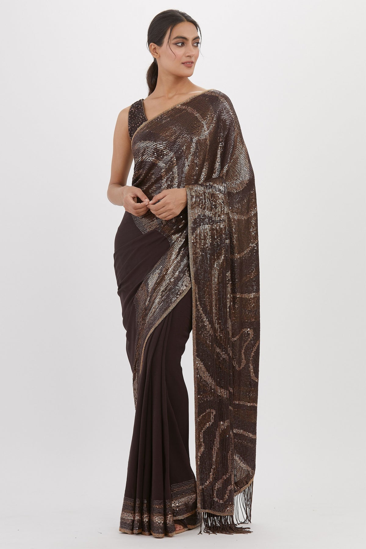 Coffee Sequin Wave Saree Set