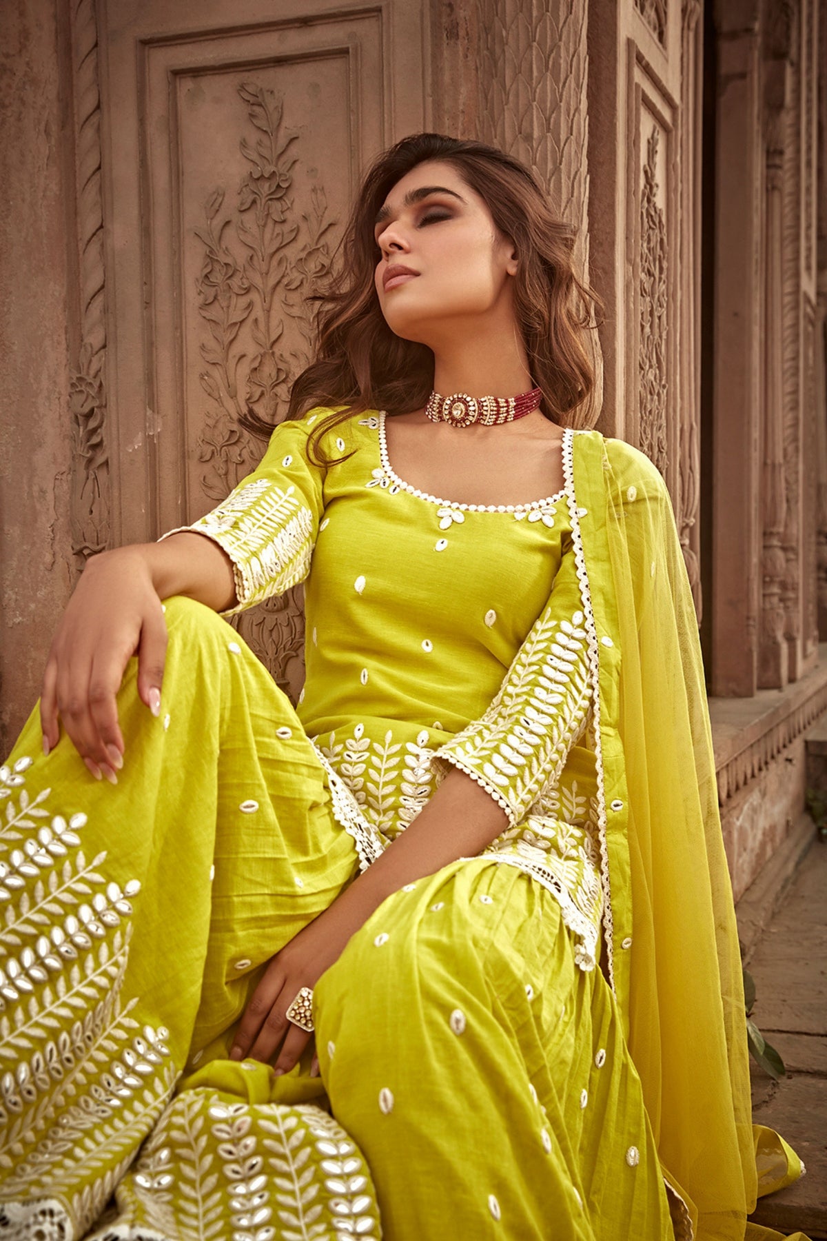 Neon Green Leaf Straight Sharara Set