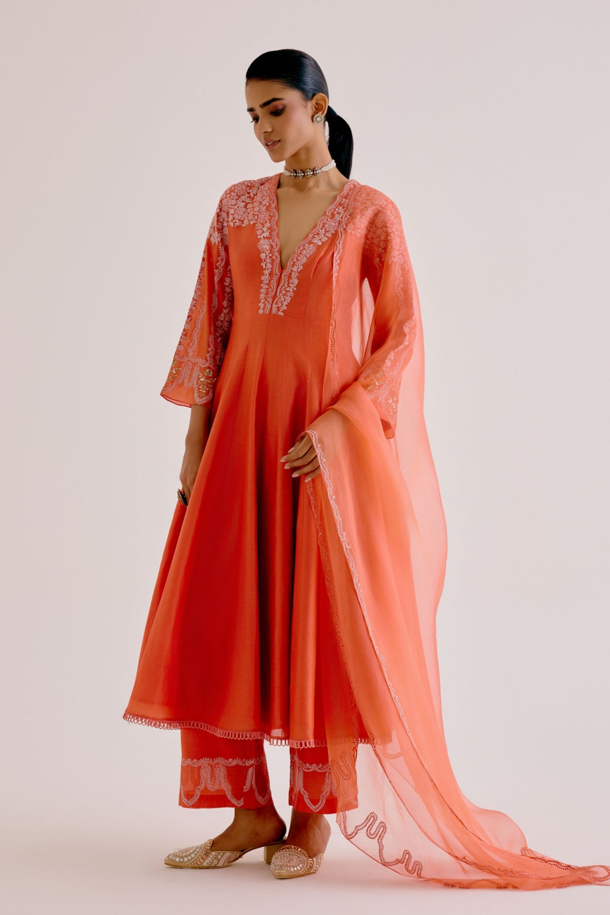 Orange Embroidered Anarkali Set