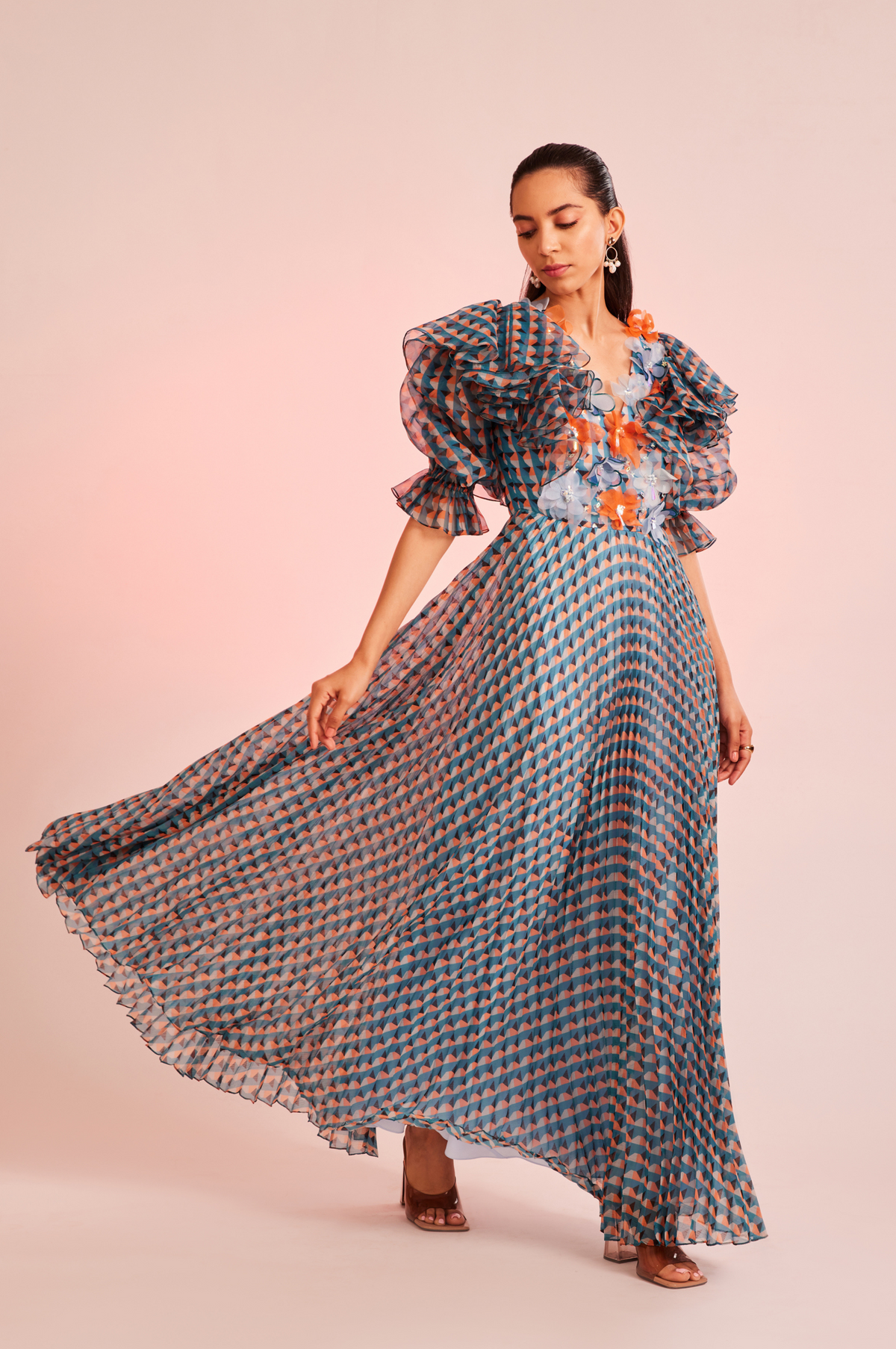 Porta Maxi Dress With Floral Embellishments and Ruffle Sleeves