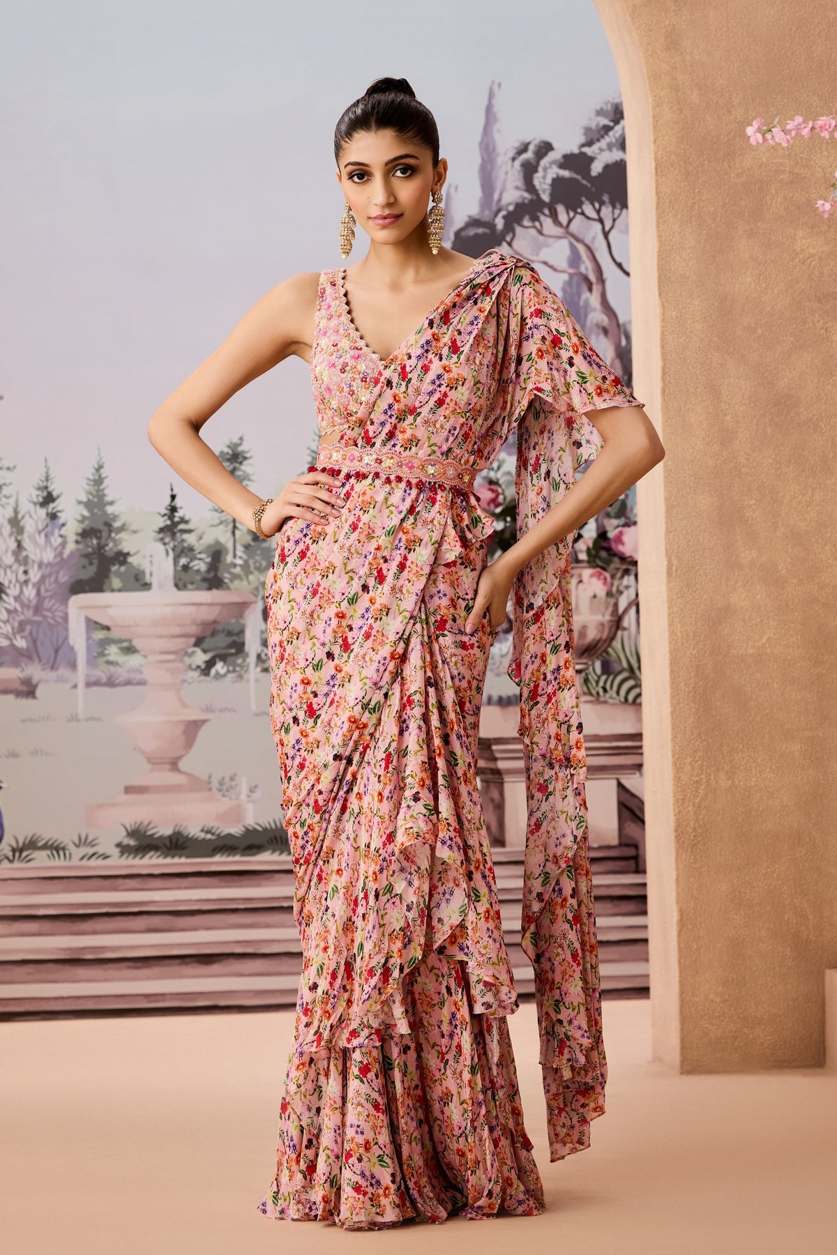 Peach Printed Saree Set