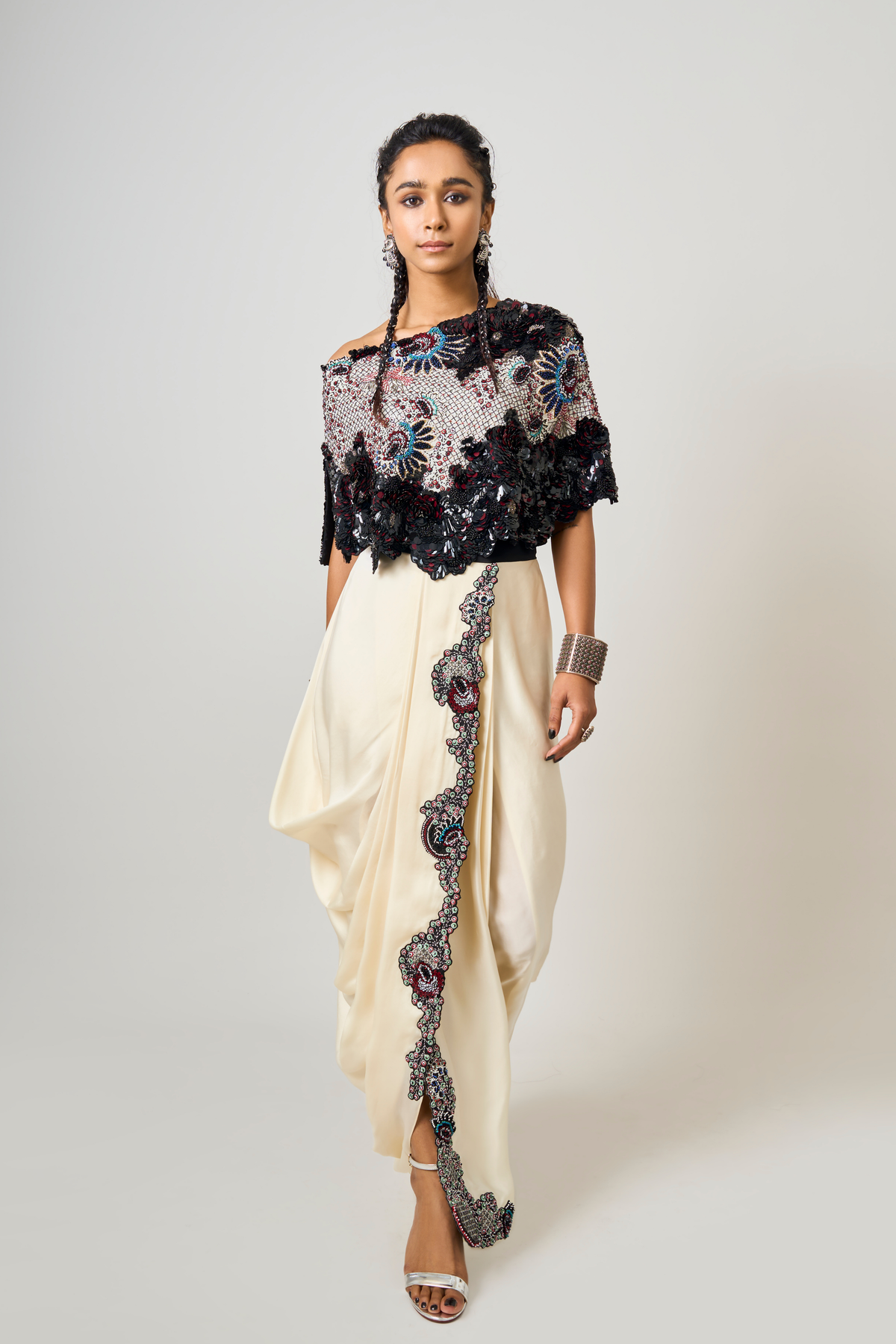 Off-shoulder Cape With Sari Skirt