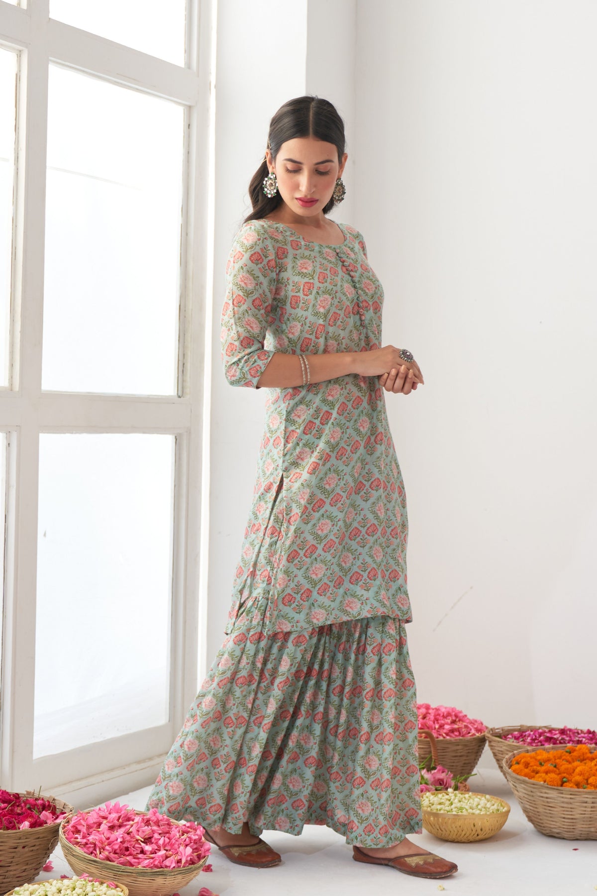 Aqua Peony Sharara Set