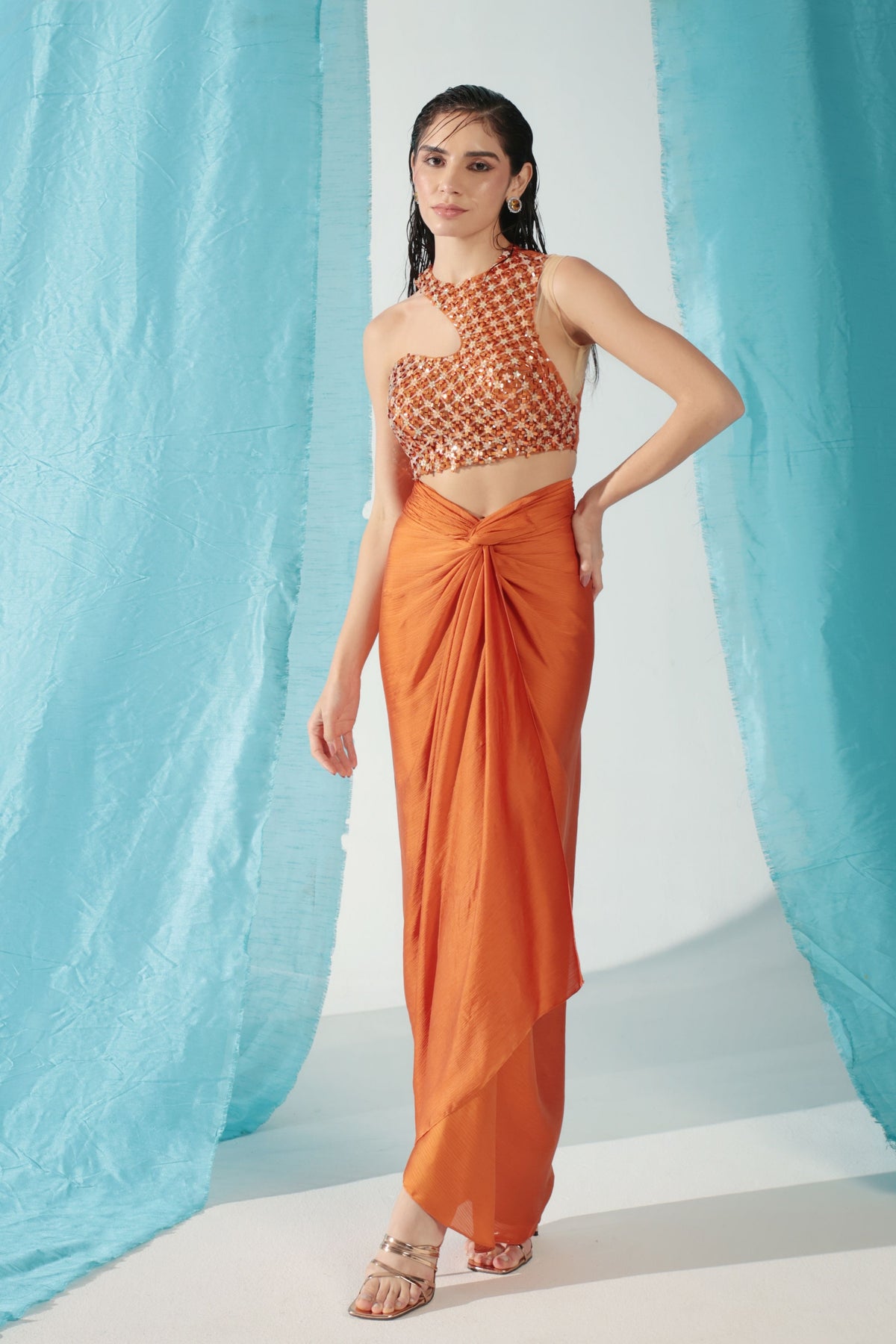 Apricot Draped Saree Set