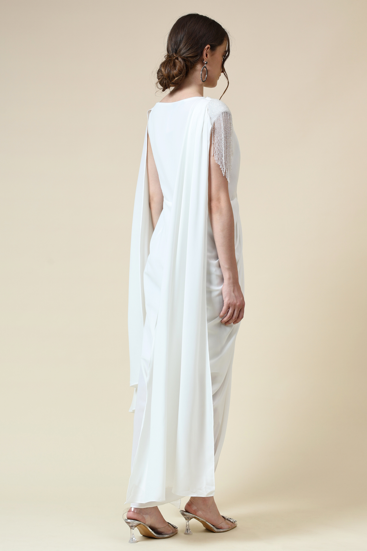 White Draped Dress With Crystal Fringes