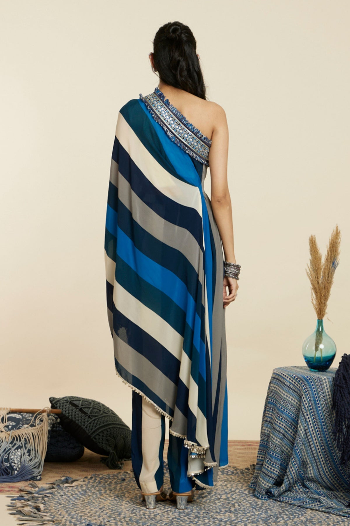 Blue Stripe One Shoulder Kaftan Set