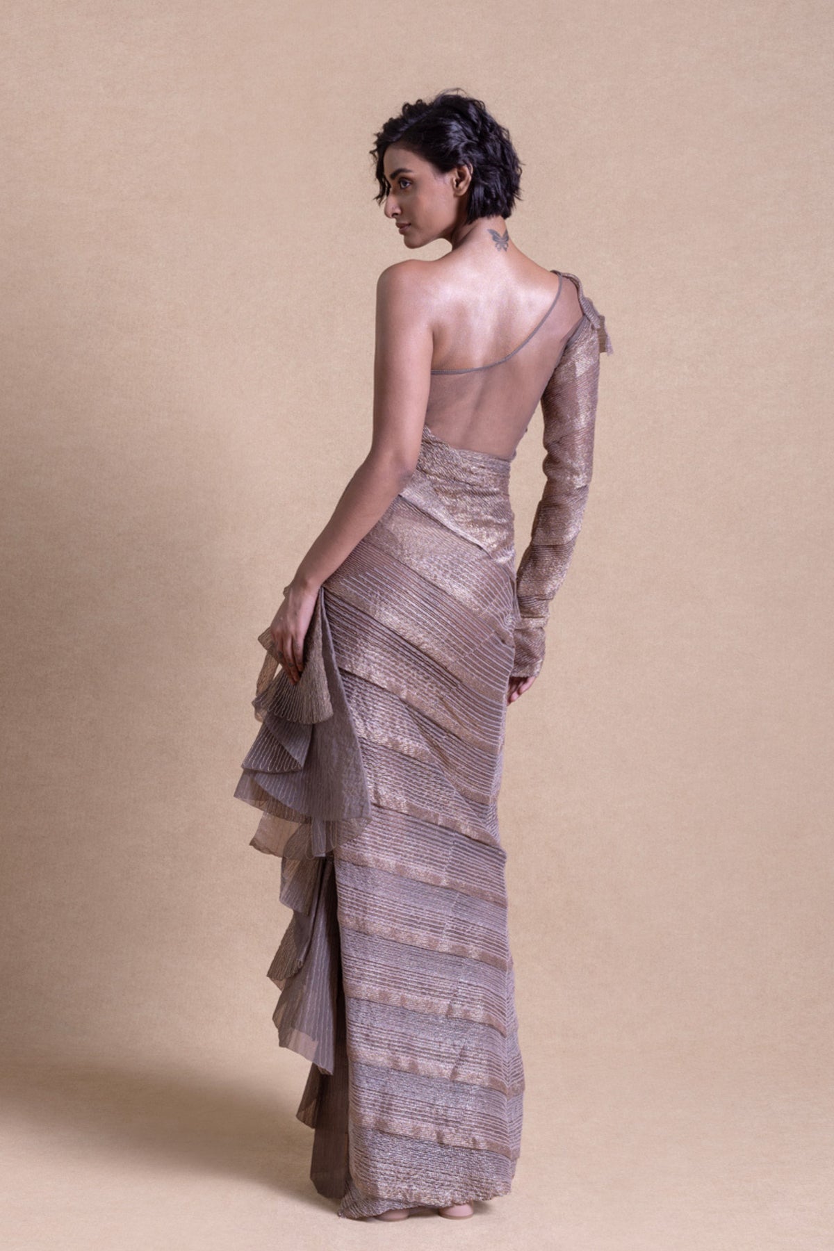 Asymmetric Metallic Cascade Gown