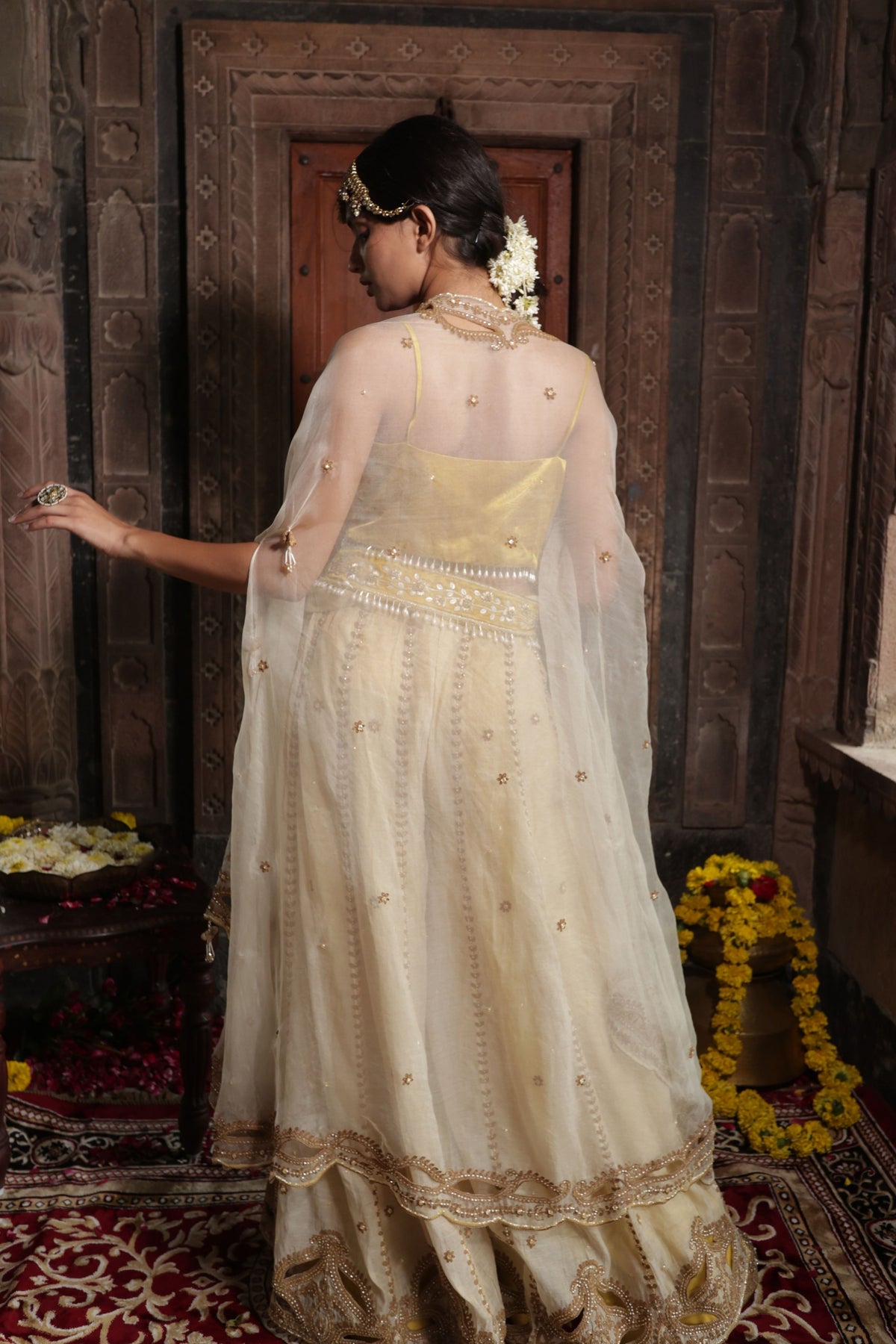 Yellow Beige Cape Sharara Set