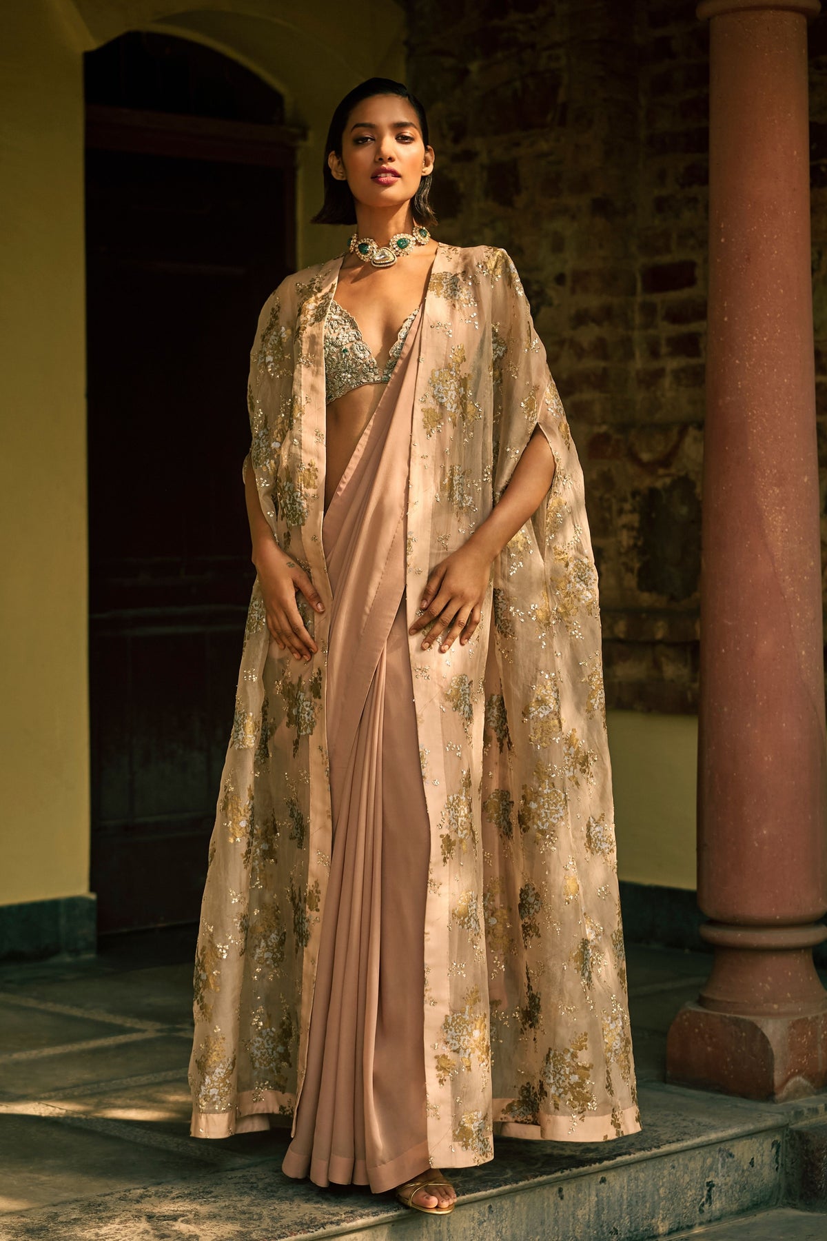 Dusty Pink Sylvia Cape And Saree Set