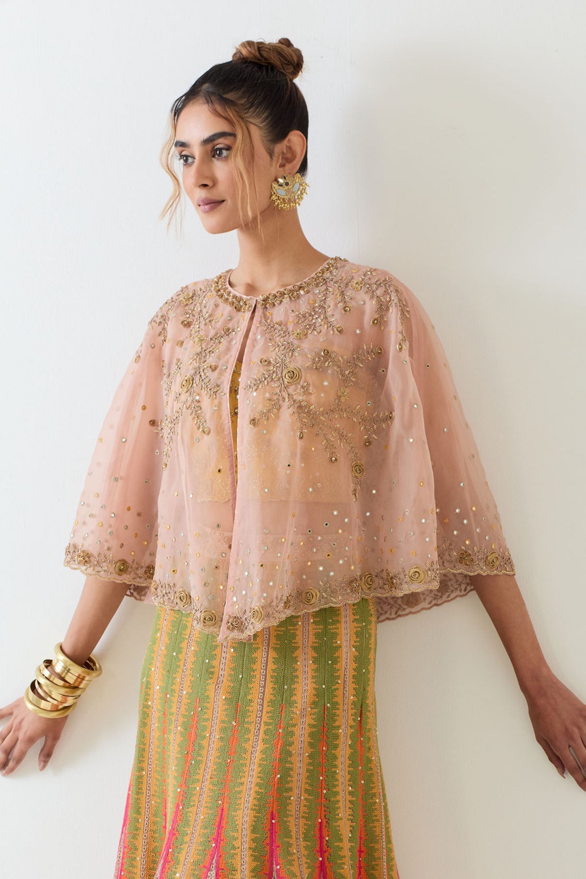 Chanderi Pink and Yellow Cape Set