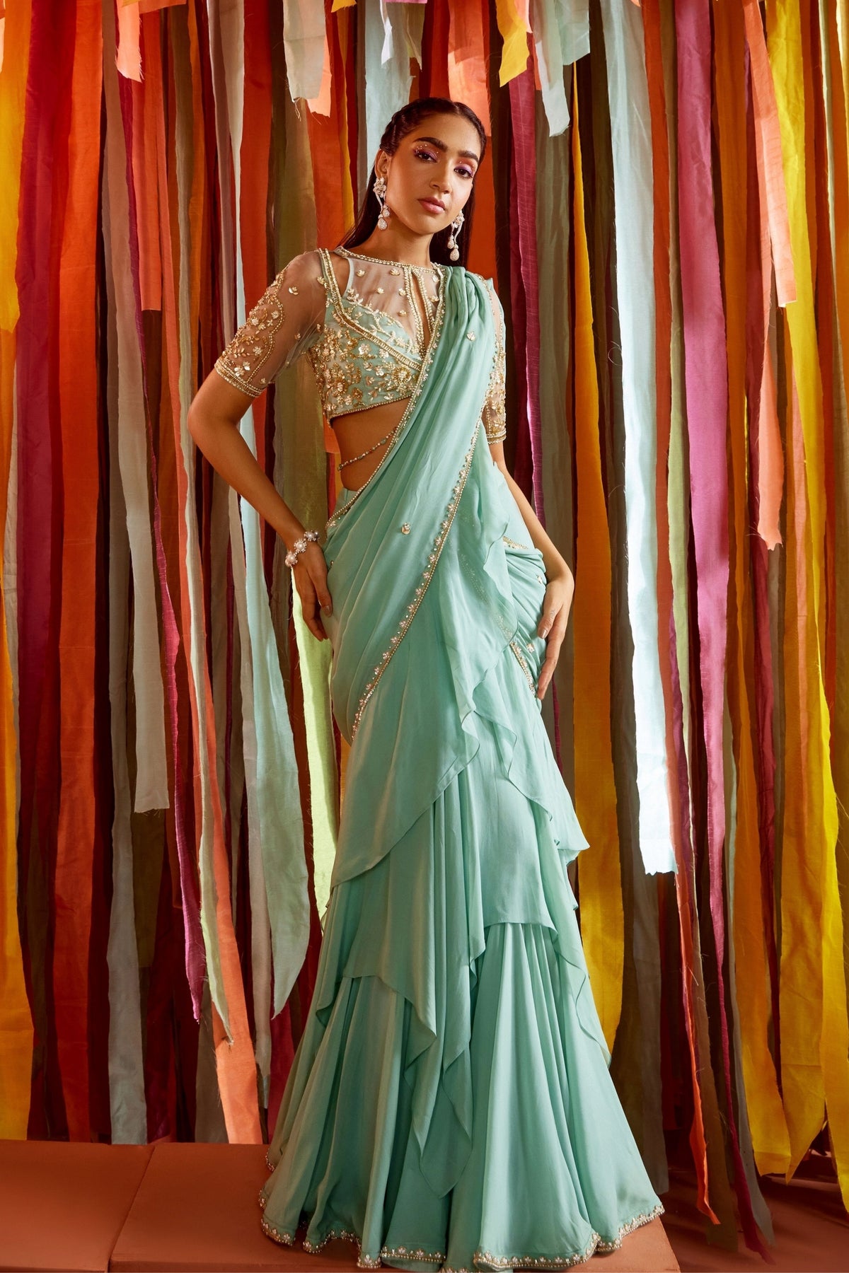 Mint Green Pre-Draped Ruffle Saree Set