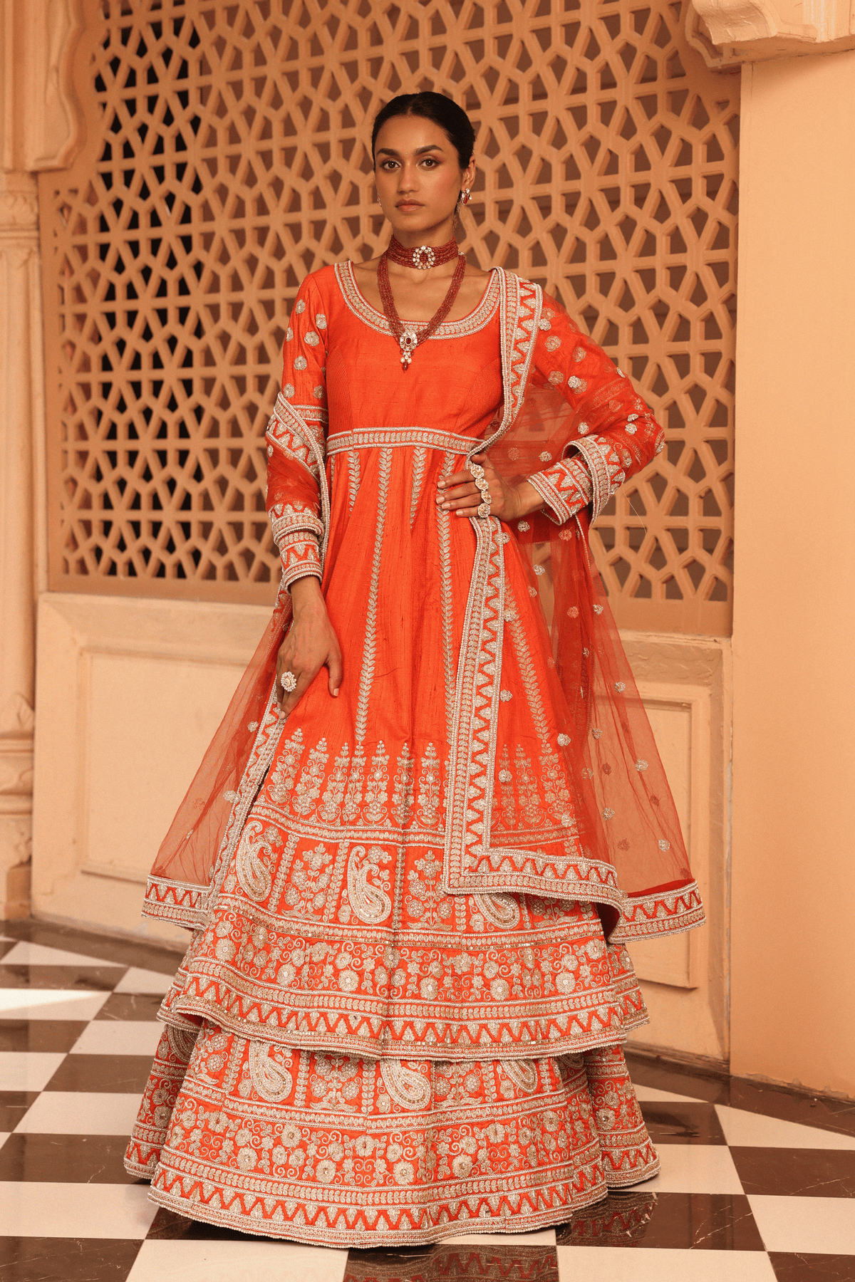 Mariyah Orange Anarkali With Lehenga Set