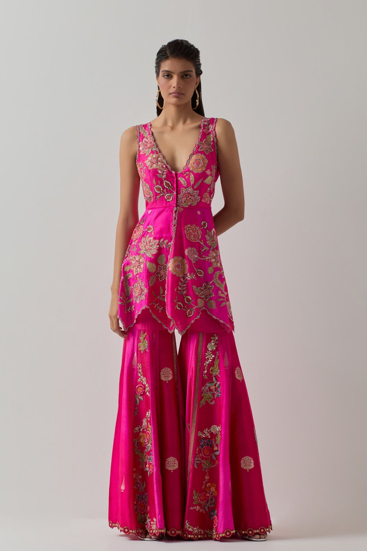 Fuchsia Floral Silk Sharara Set