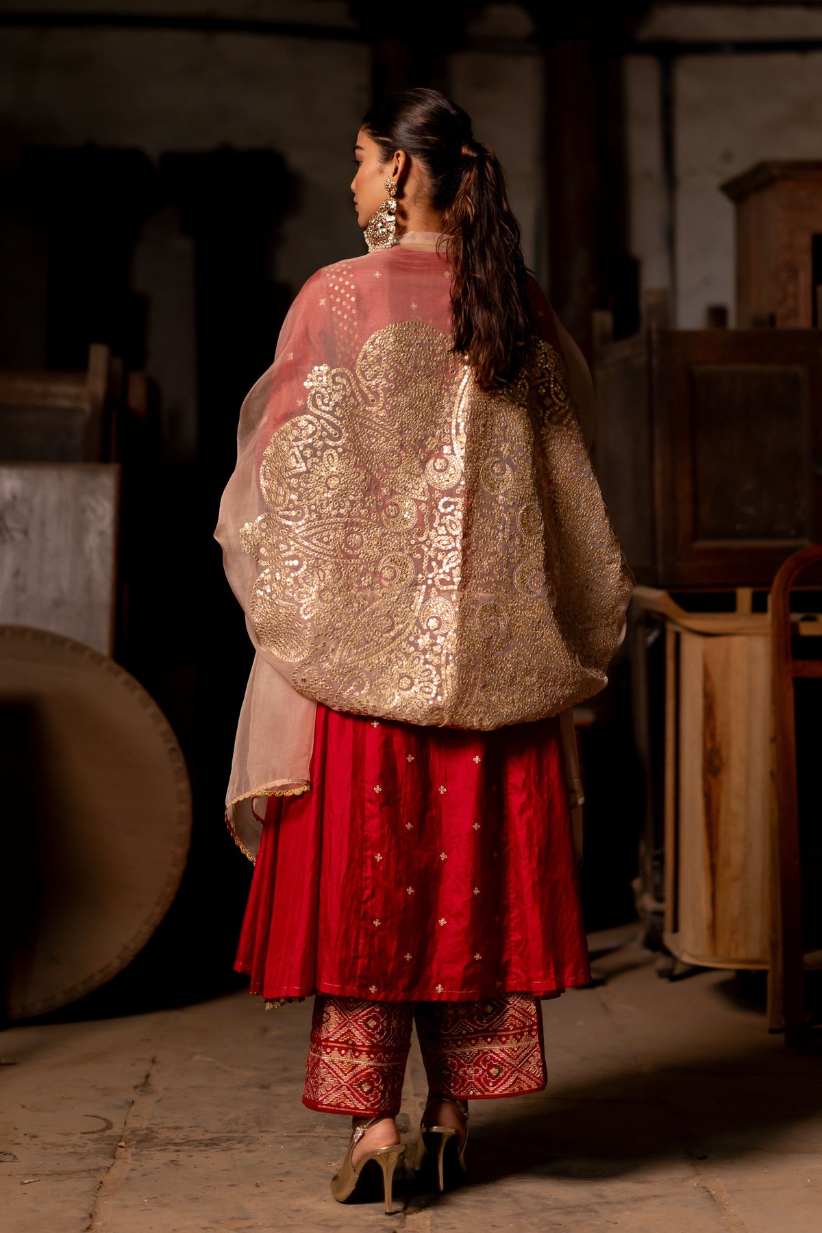 Red Anarkali With Broad Pants