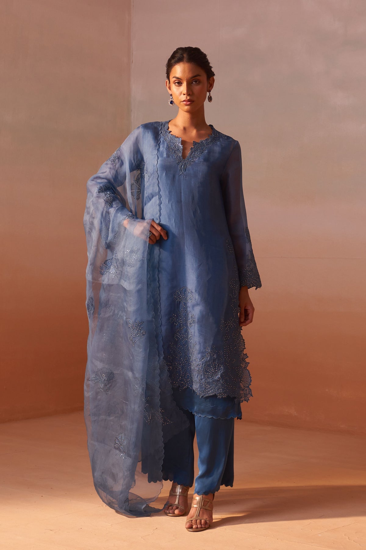 Mid Blue Organza Suit Set