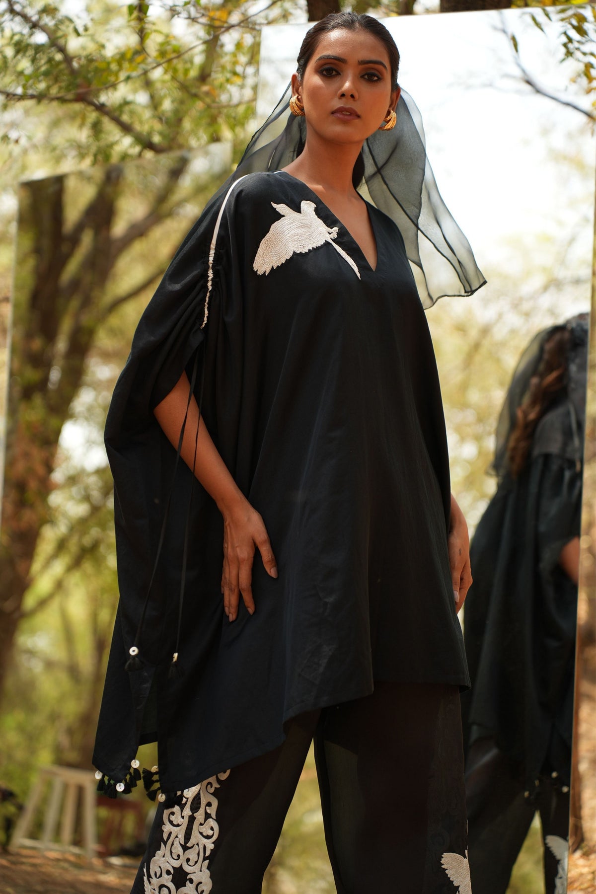 Black Embroidered Kaftan With Organza Pants