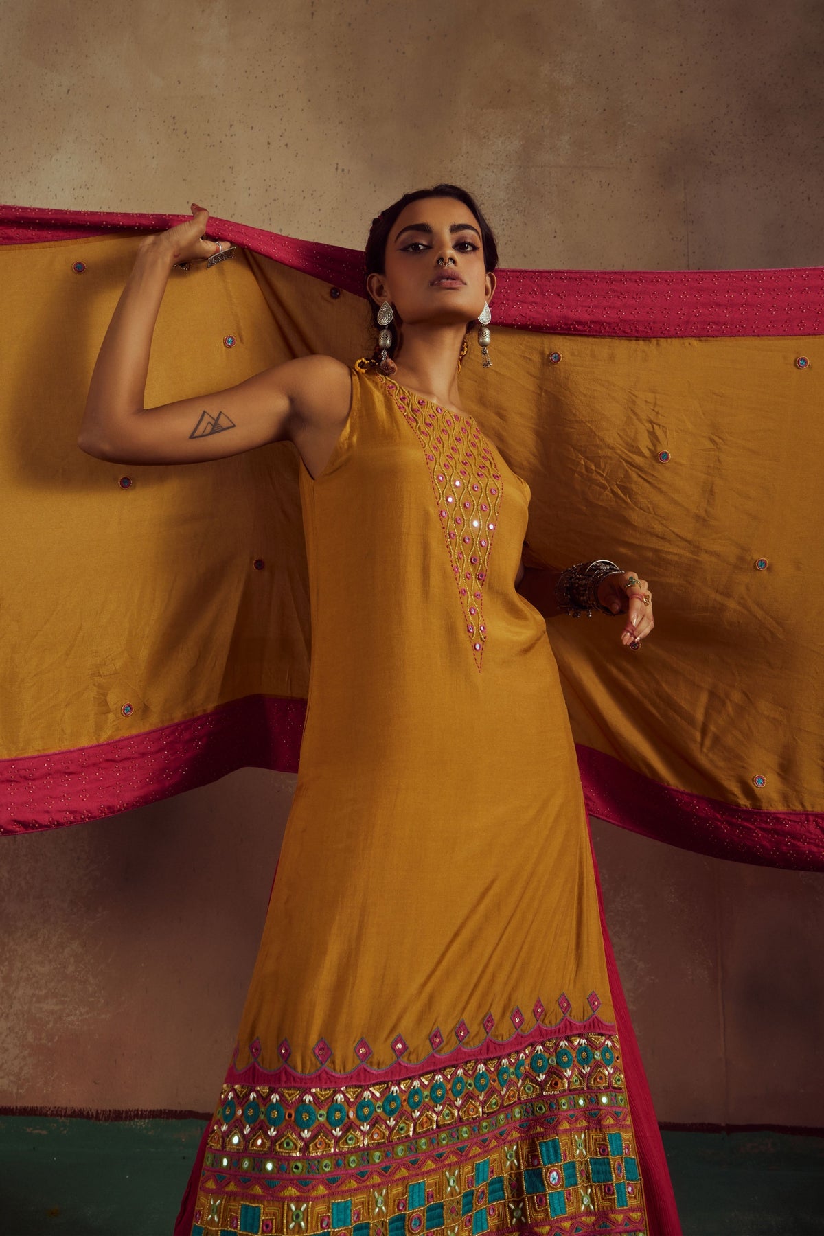 Mustard Kurta Set With Lehenga