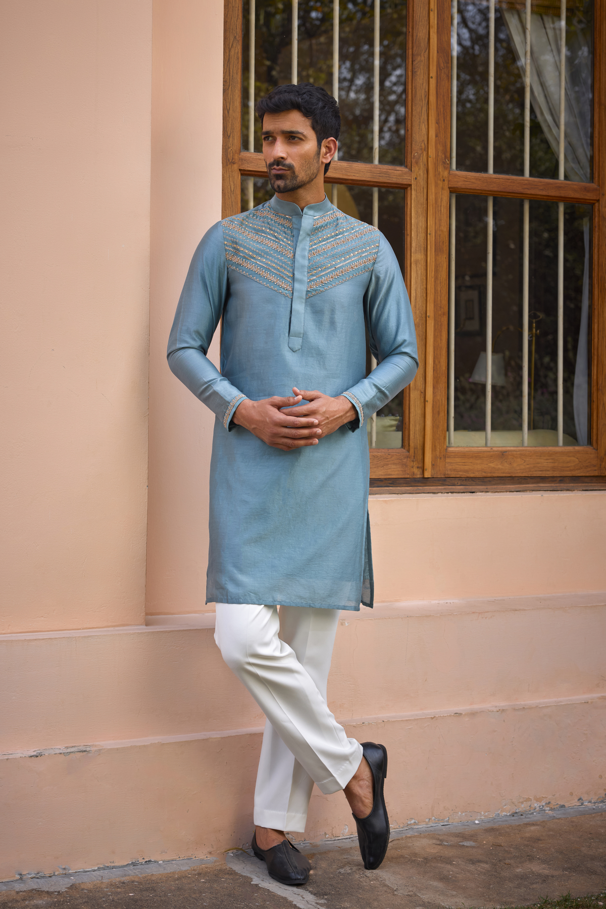 Grey dori and hand embroidered silk  kurta