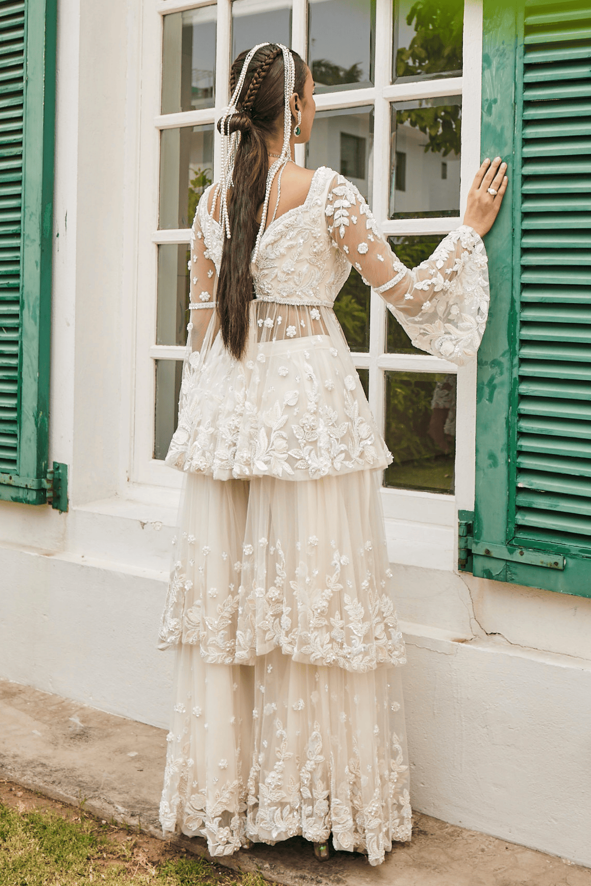 Ivory Peplum Layered Sharara Set.