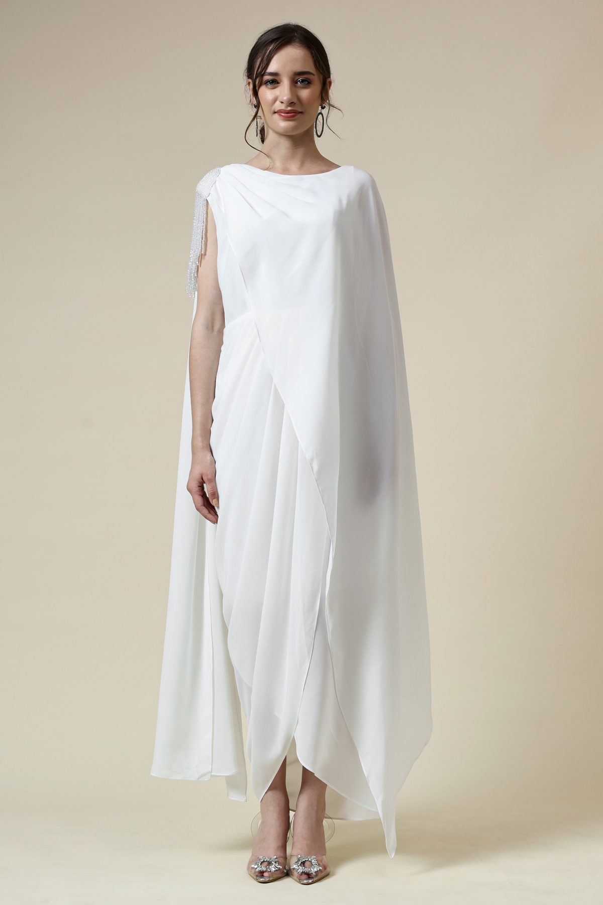 White Draped Dress With Crystal Fringes