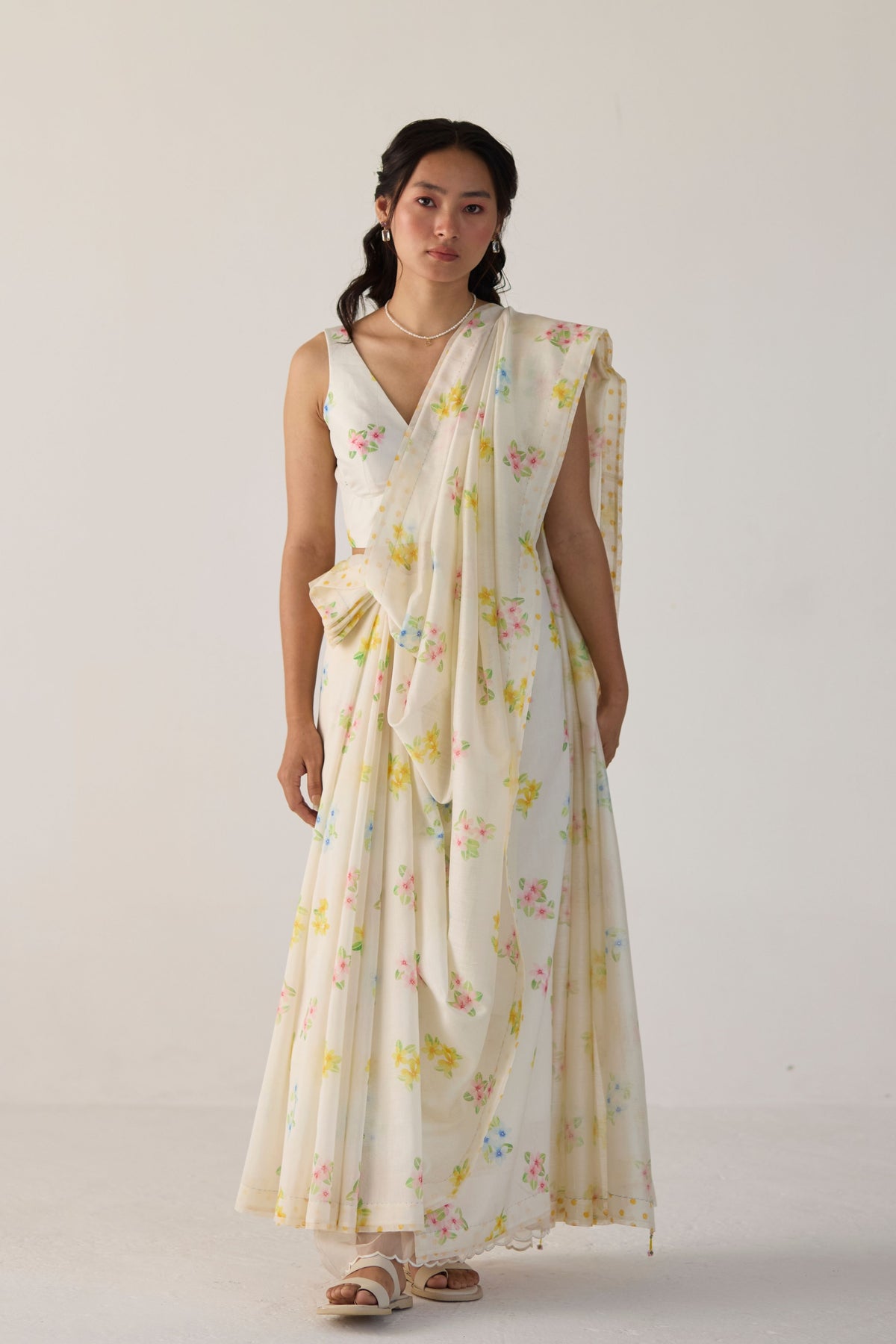 Ivory Periwinkle Silk and Cotton Chanderi Sari