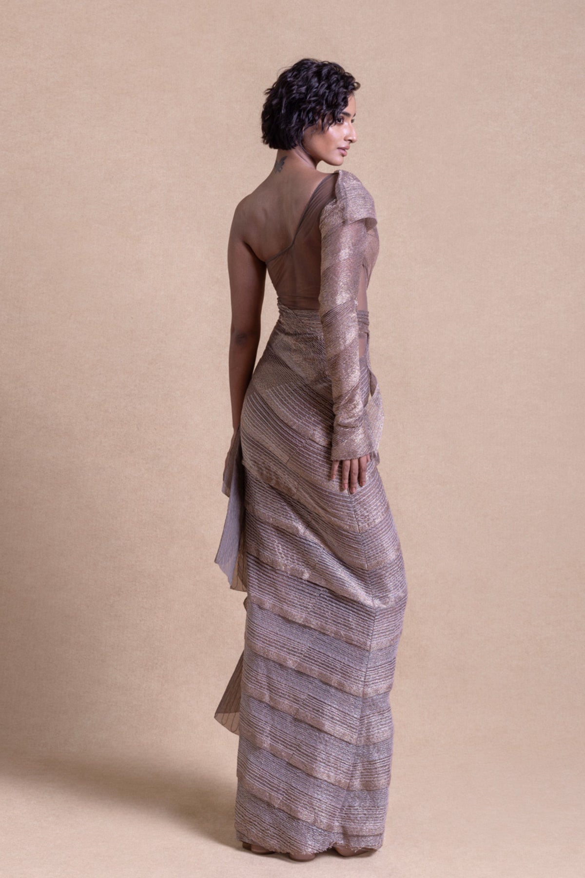 Asymmetric Metallic Cascade Gown