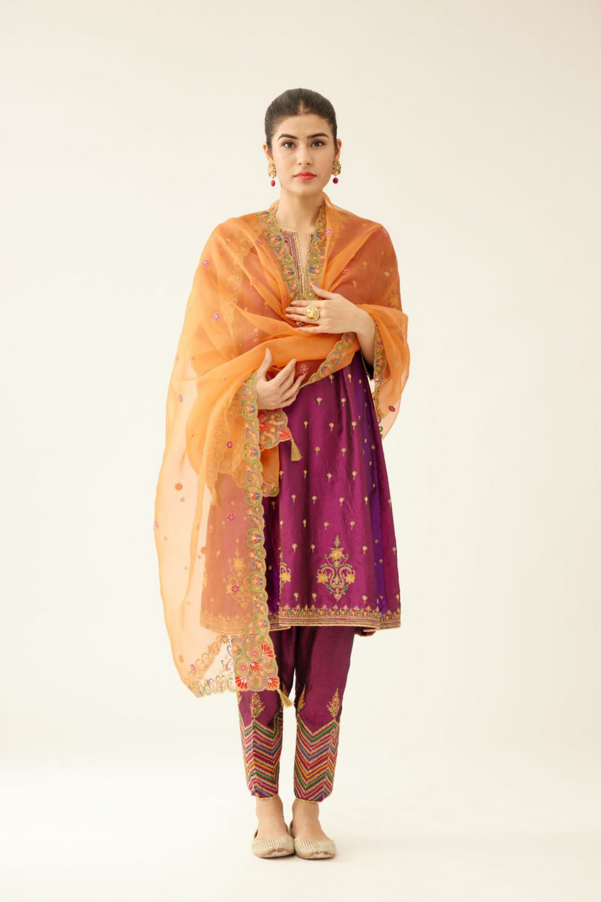 Sangria &amp; Purple Silk Kalidar Kurta Set