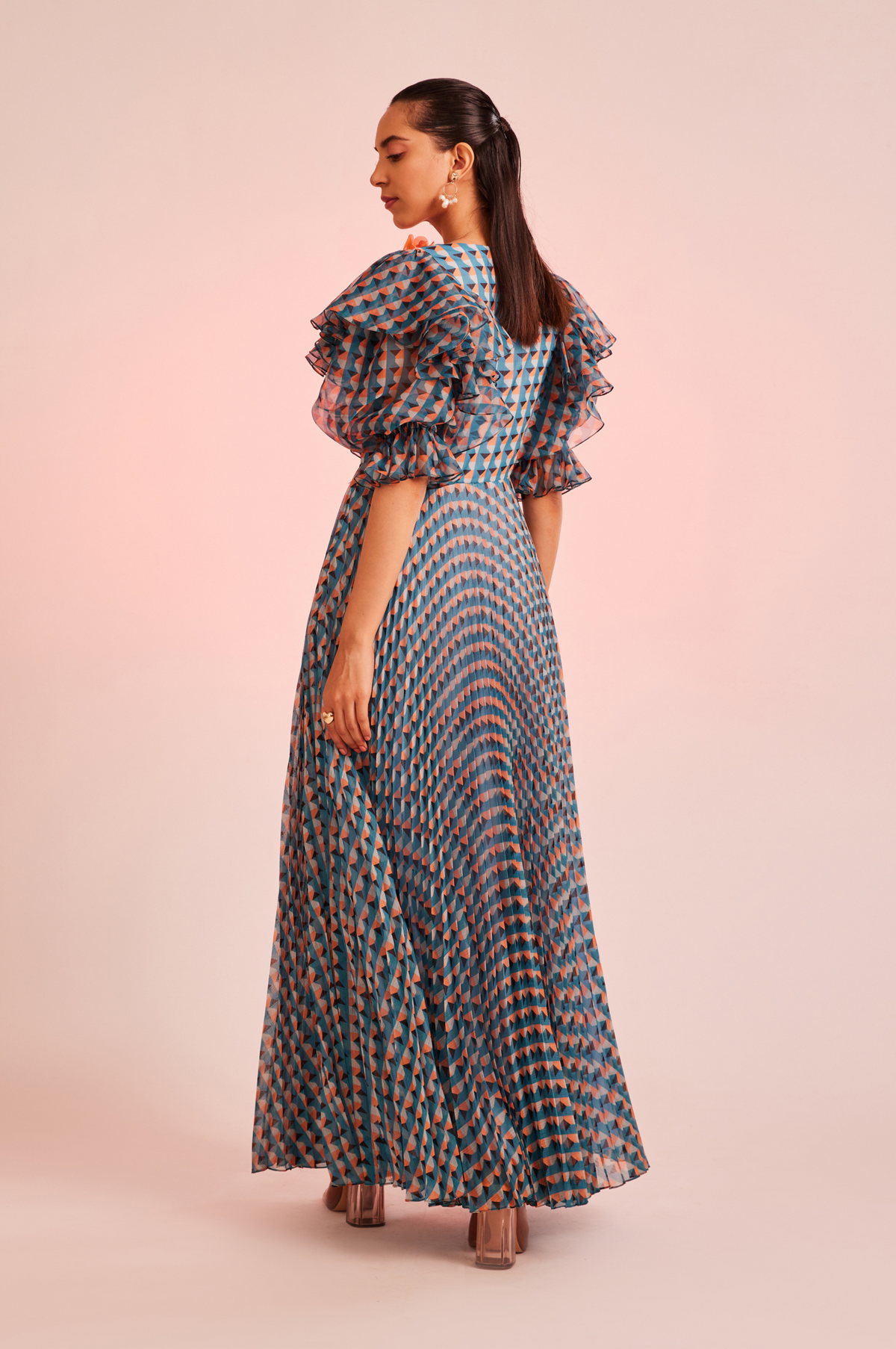 Porta Maxi Dress With Floral Embellishments and Ruffle Sleeves