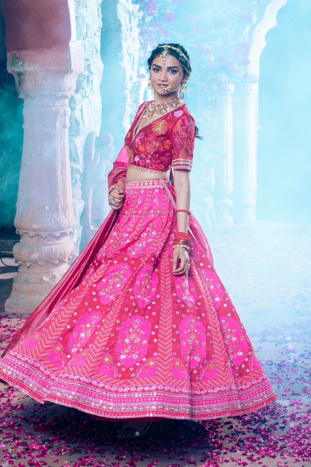 Maroon Embroidered and Printed Lehenga Set