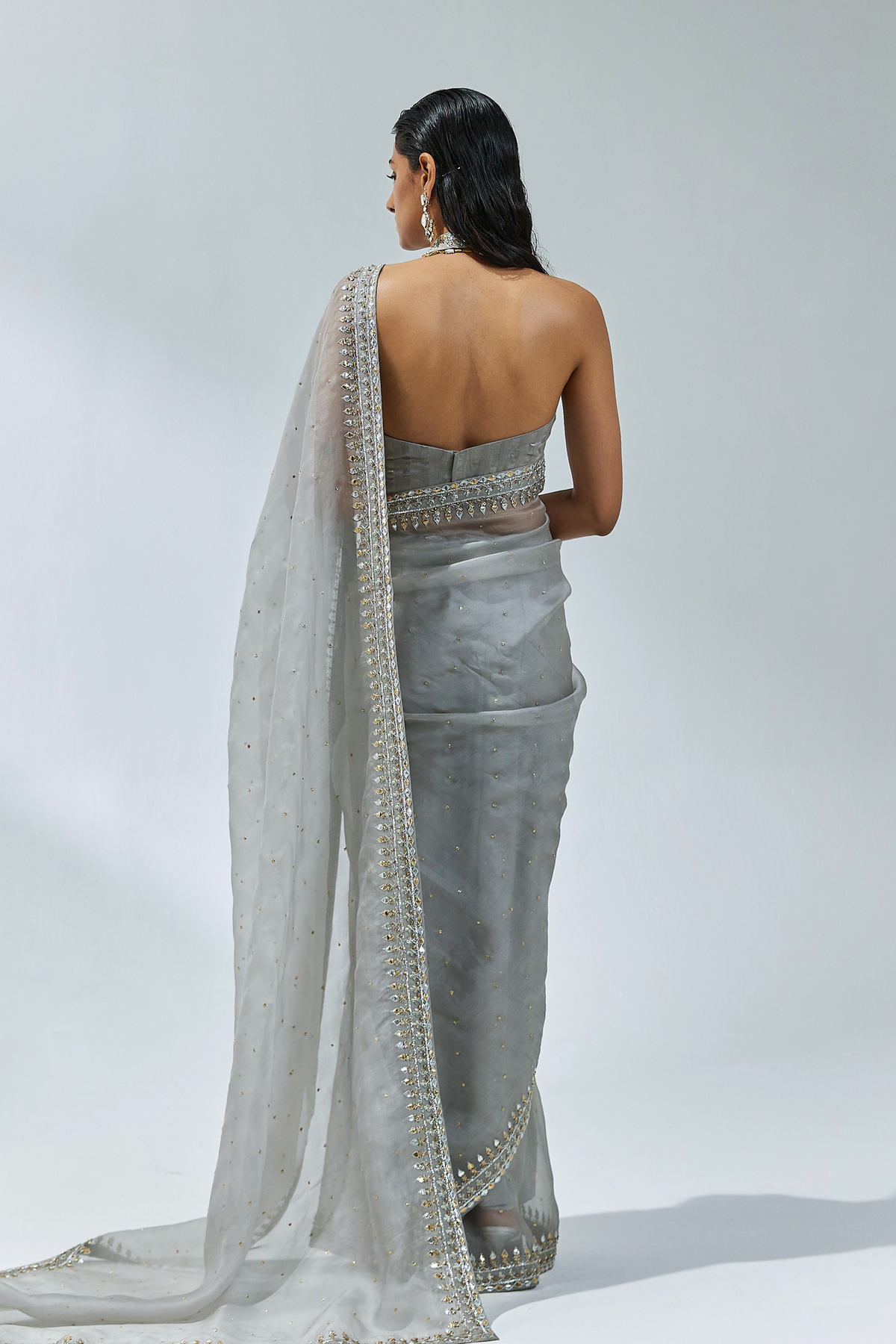 Stone Grey Embroidered Saree Set