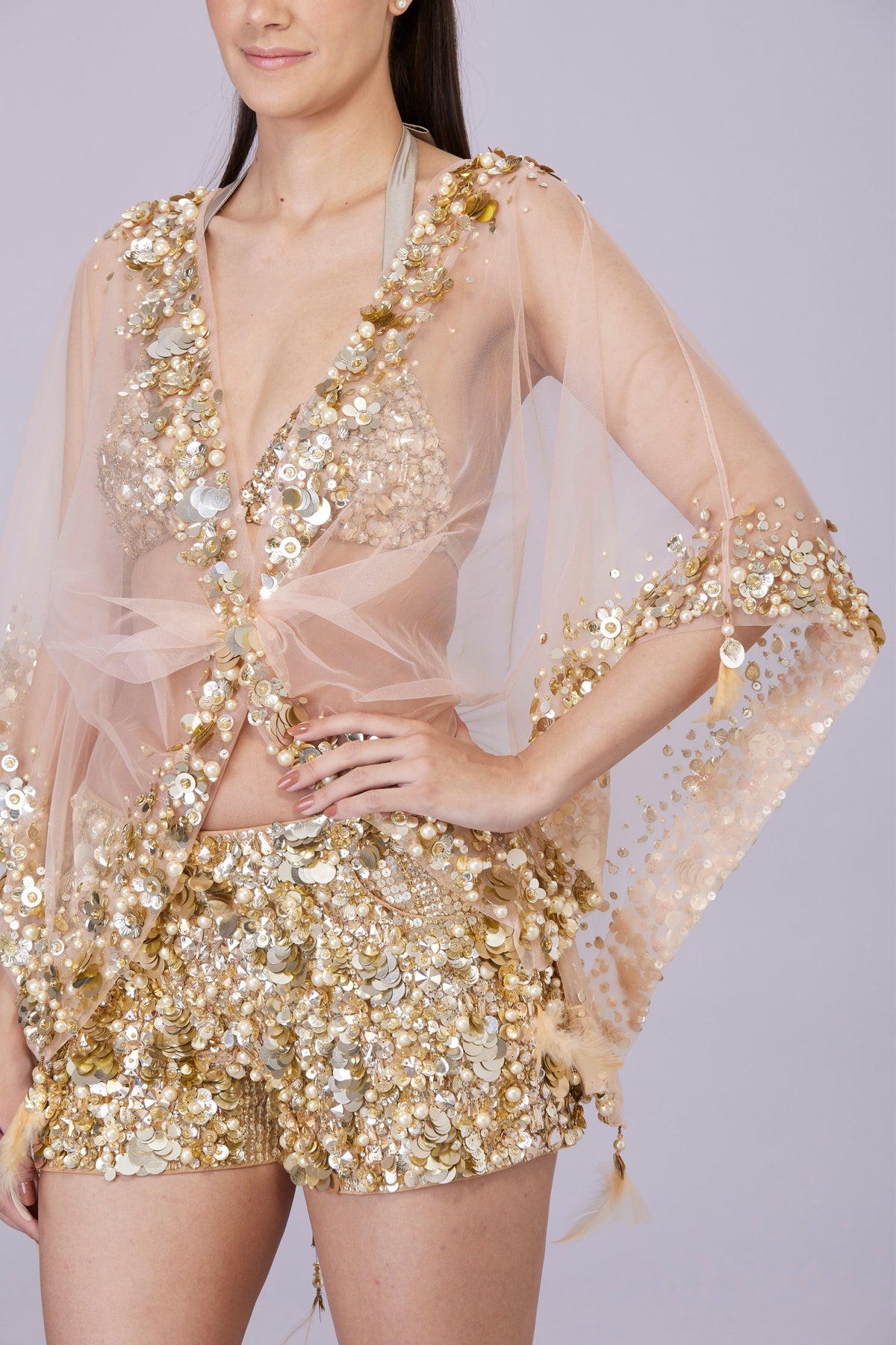 Peach Sequins Border Kaftan