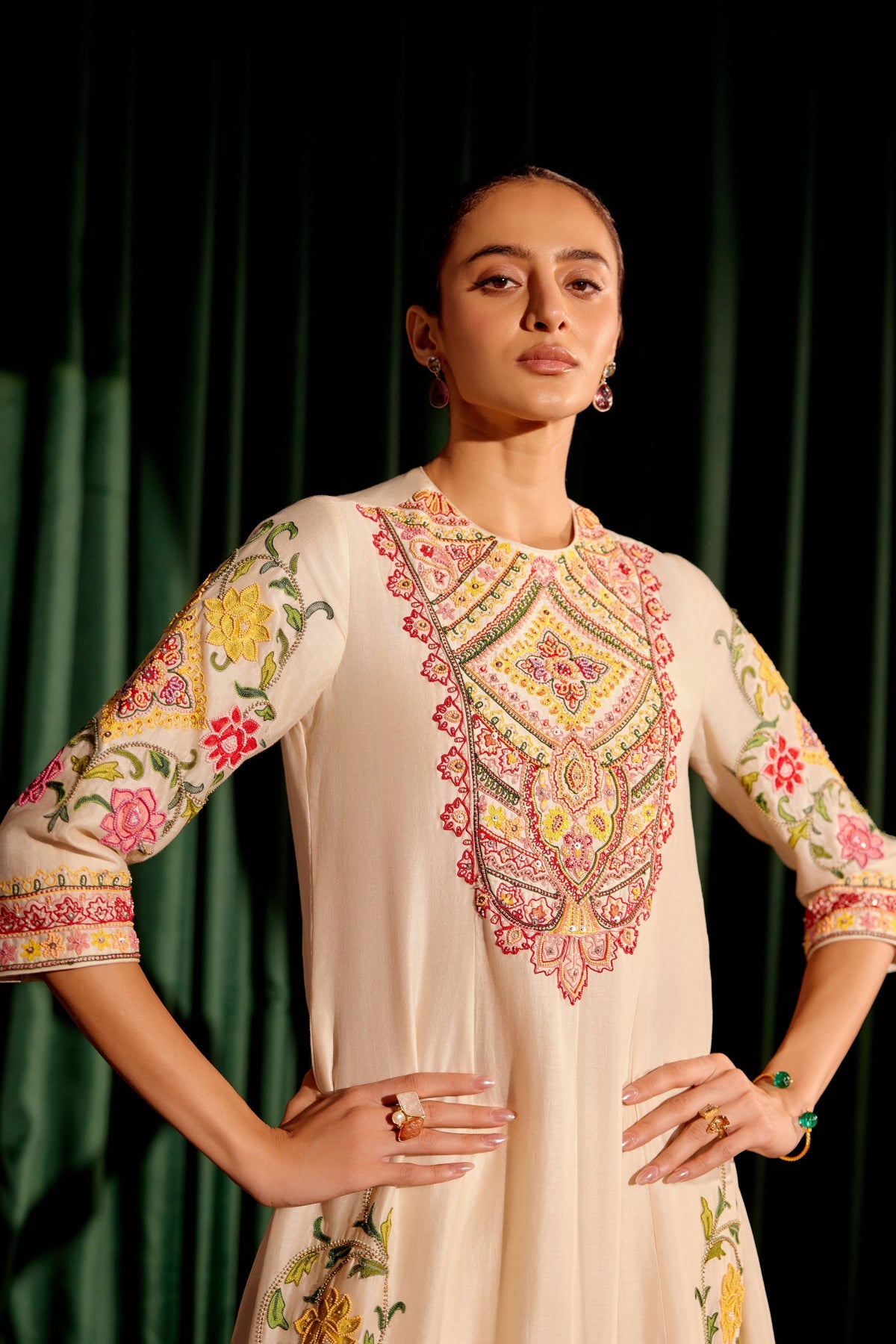 Ivory Embroidered Flared Kurta Set