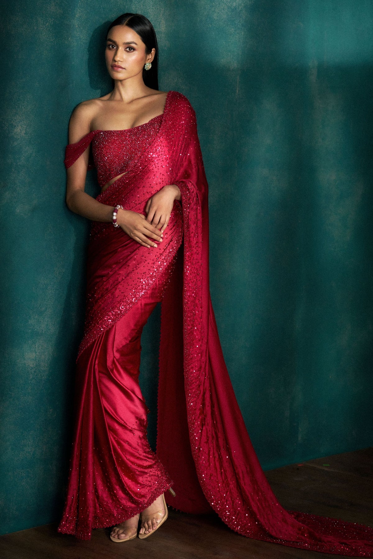 Red Sequins Saree Set