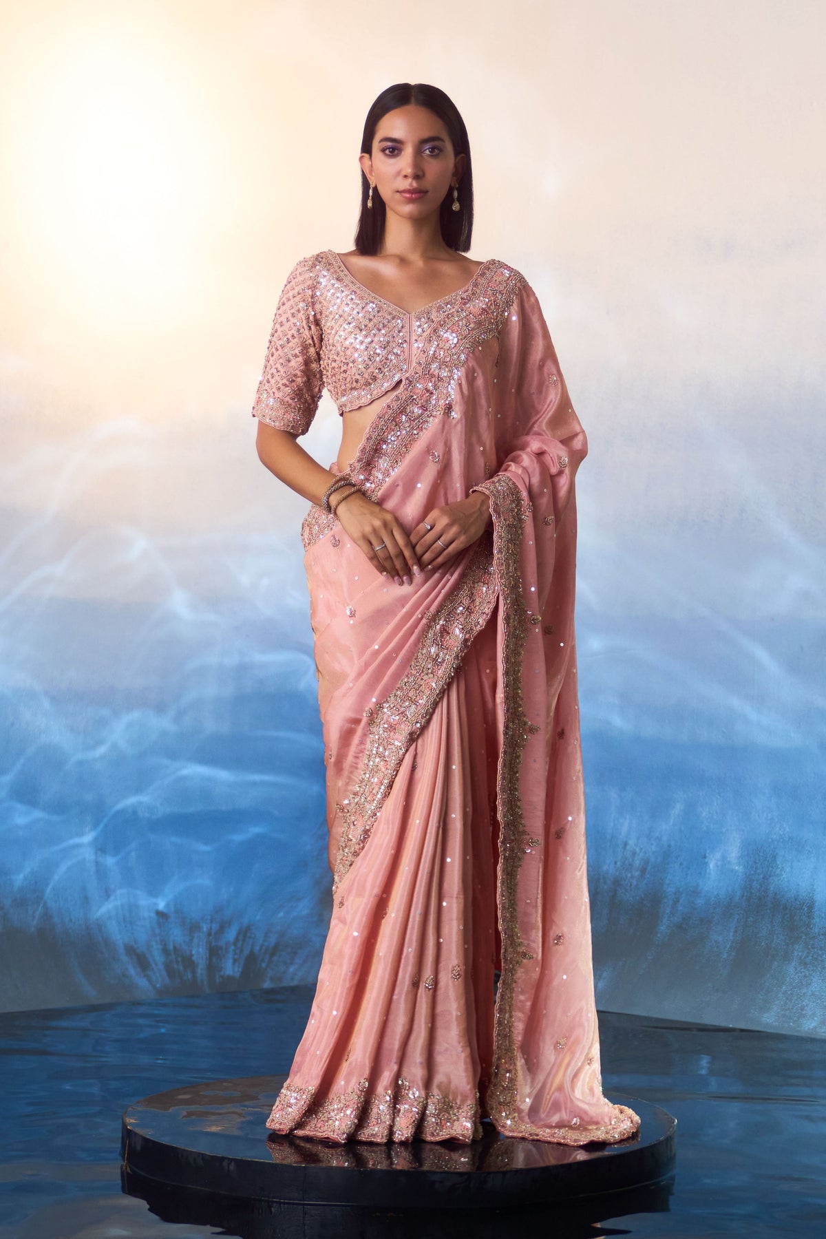 Peach Embroidered Saree Set