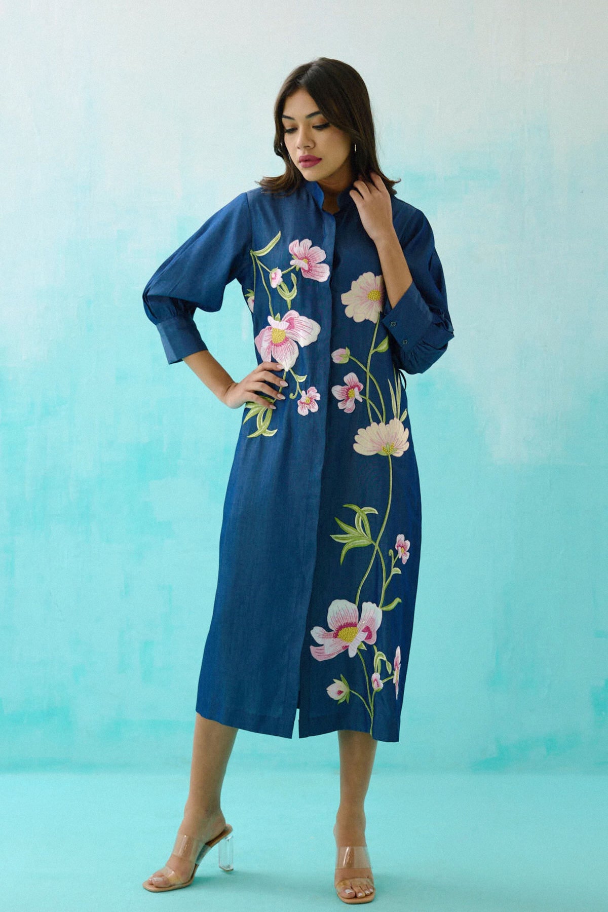 Denim Floral Embroidered Shirt Dress