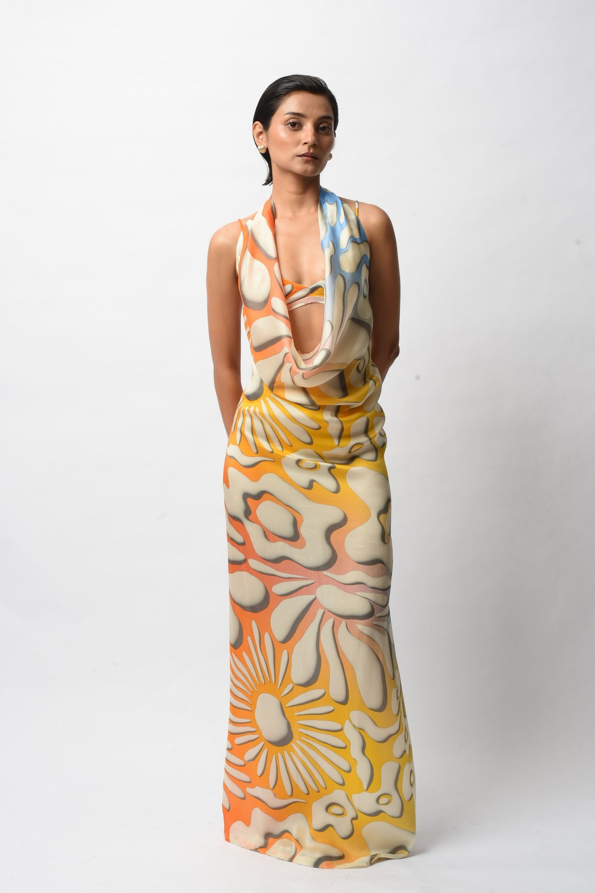 Multicolor Satin Allure Backless Resort Gown