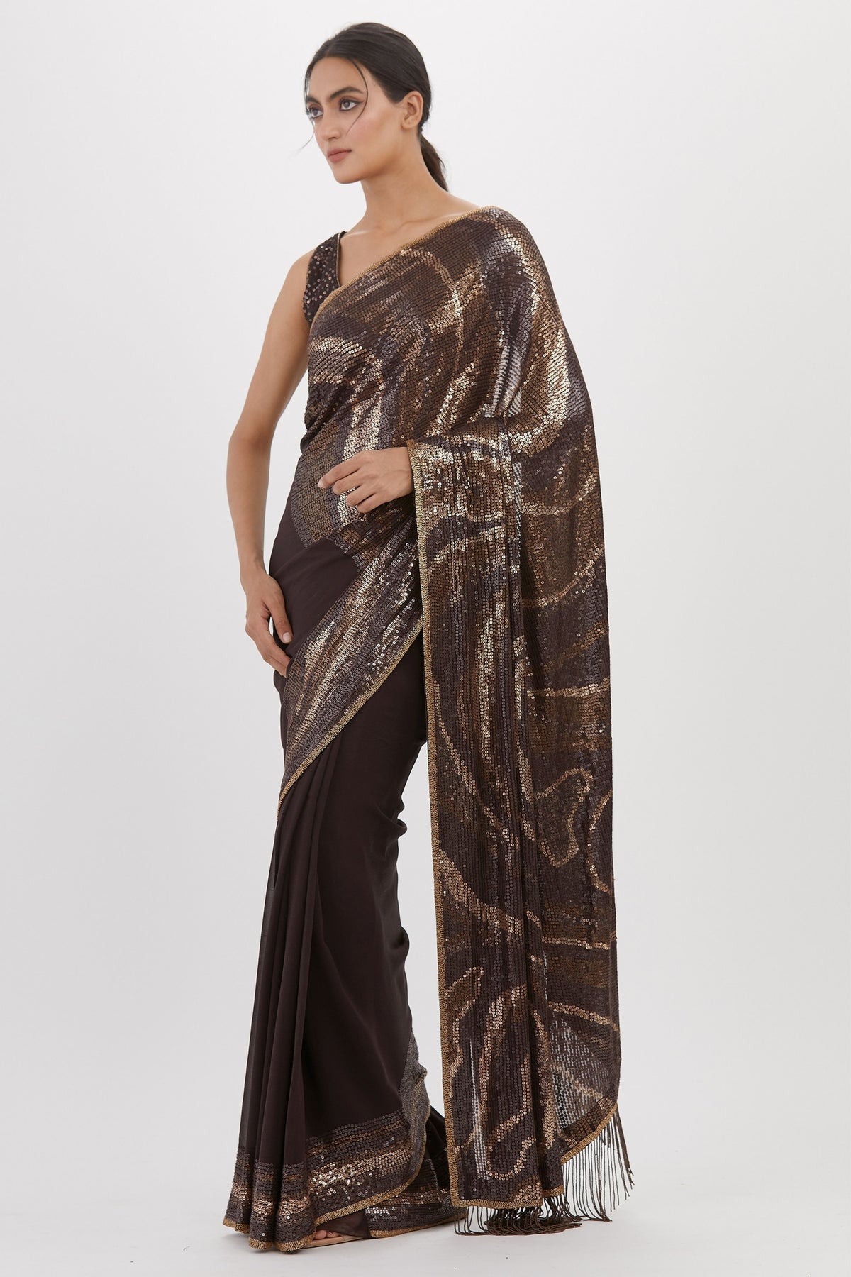 Coffee Sequin Wave Saree Set