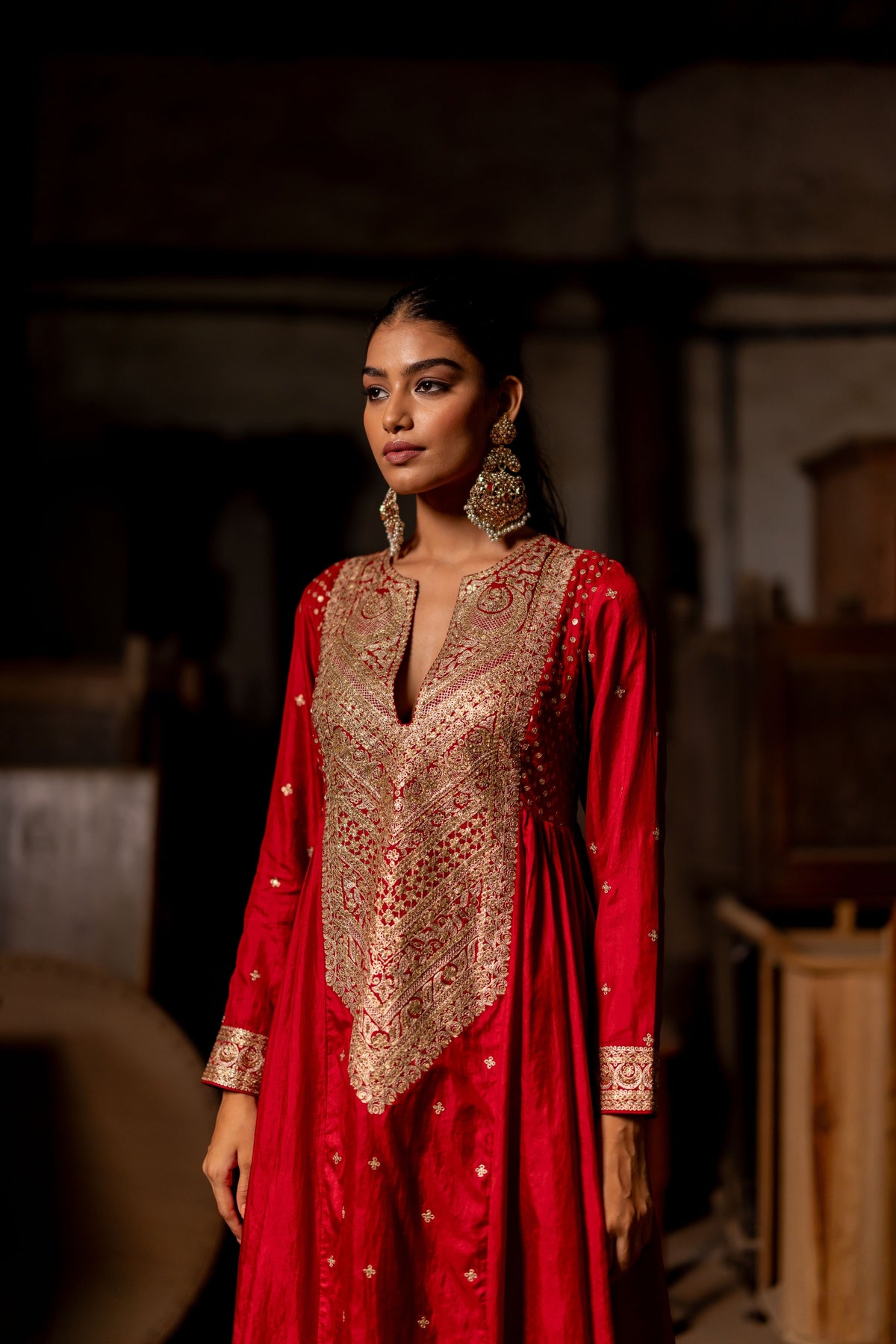 Red Anarkali With Broad Pants