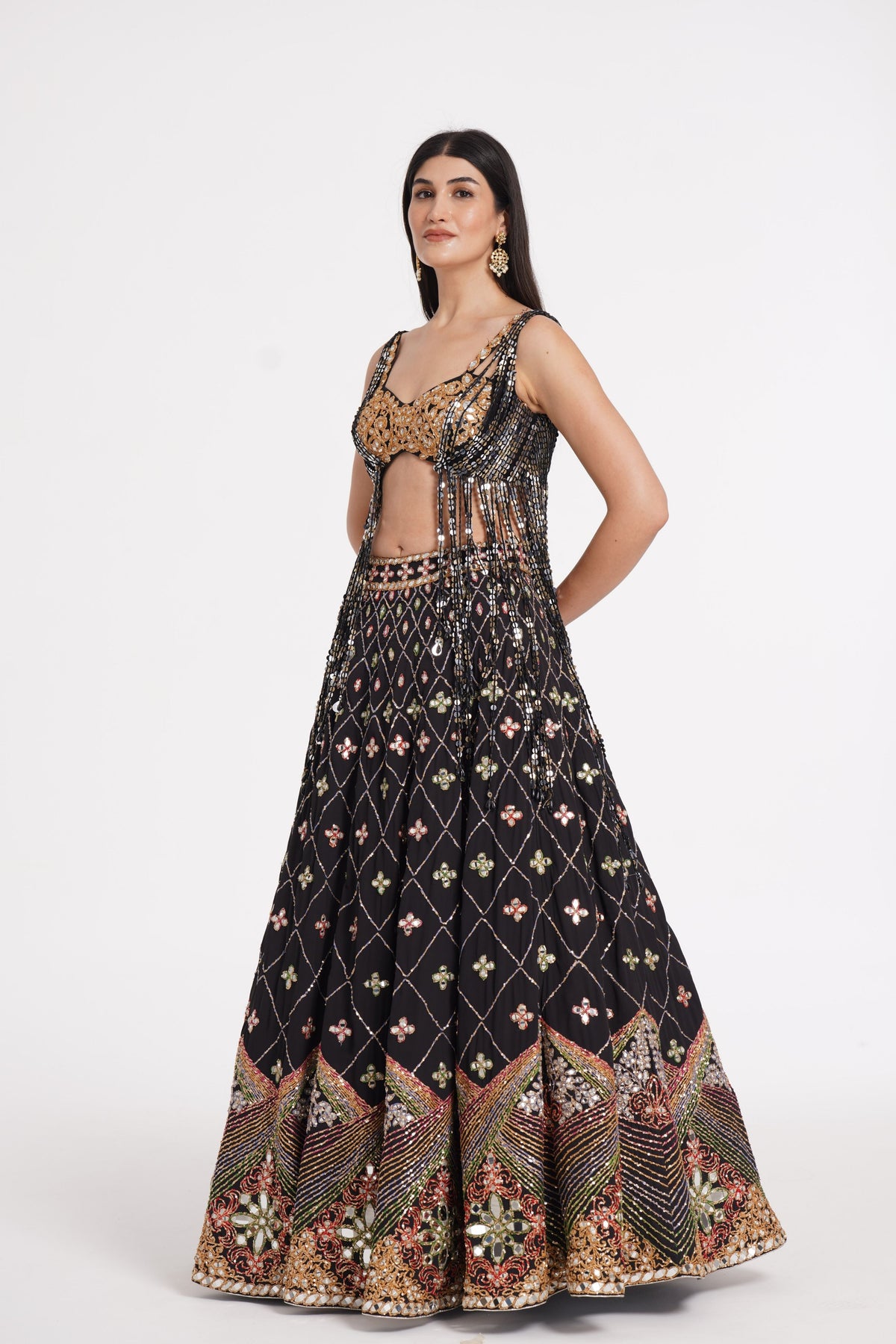 Matte Black Fringes Lehenga Set