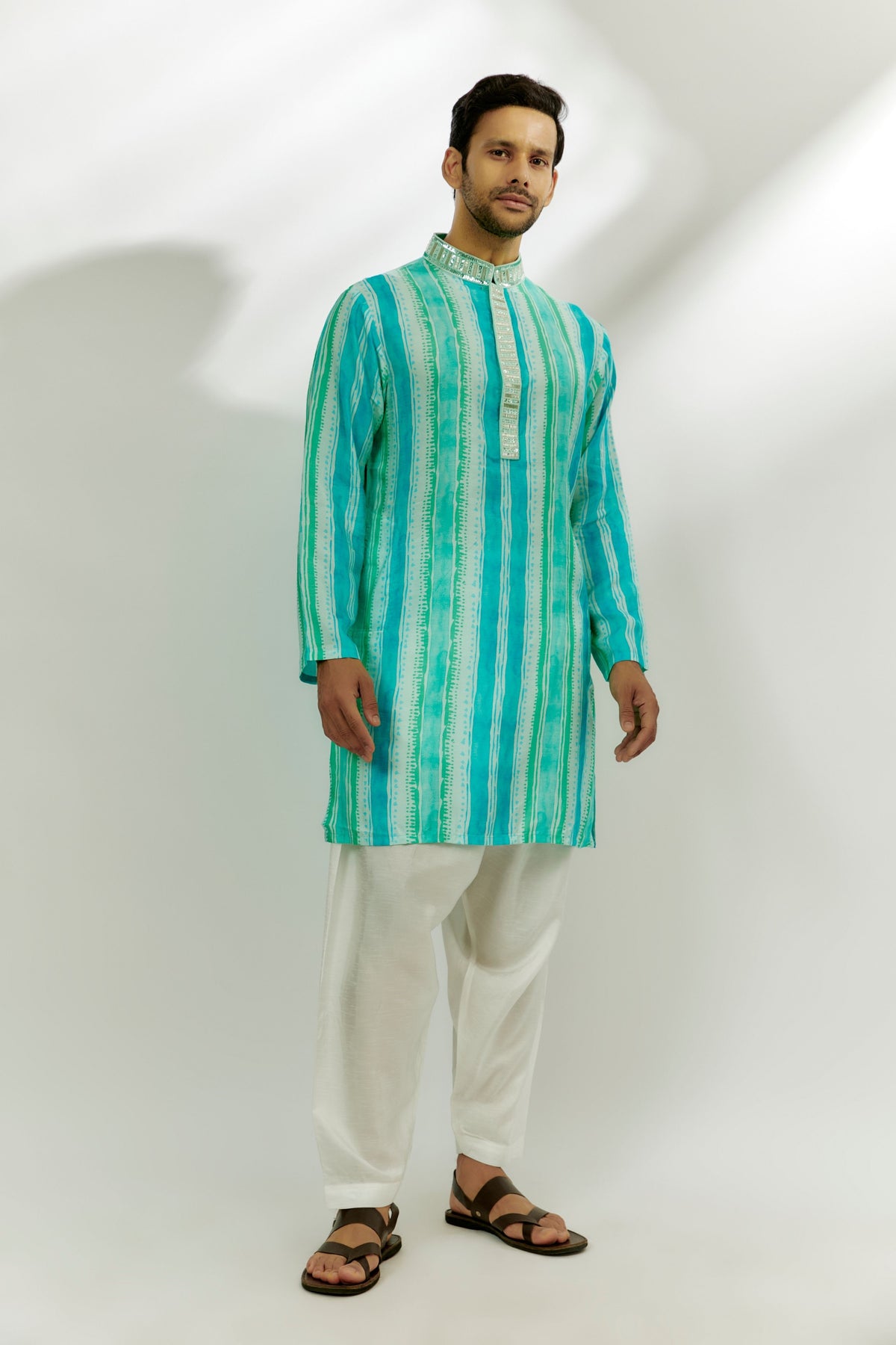 Cyan Blue Stripes Printed Kurta