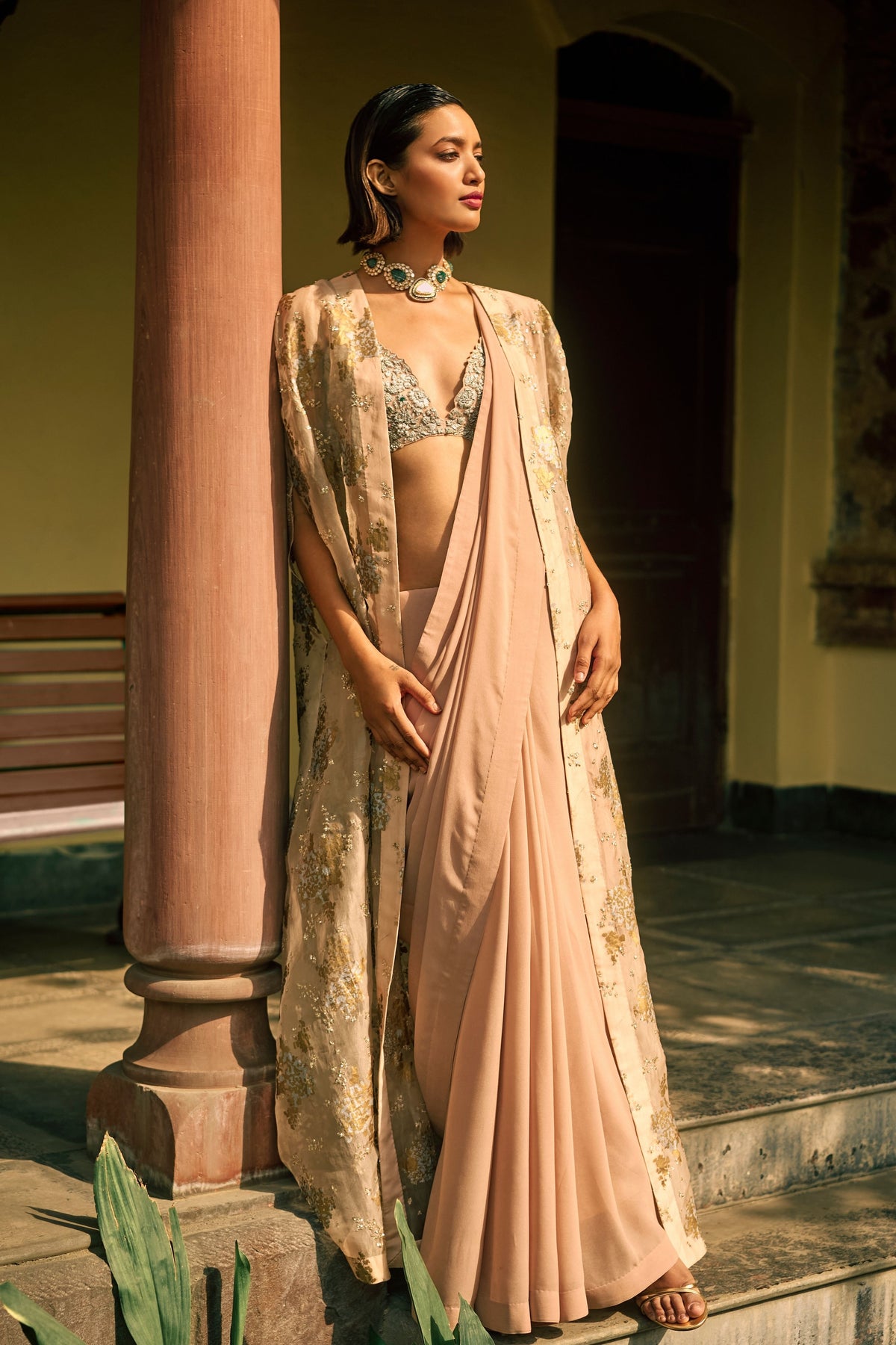 Dusty Pink Sylvia Cape And Saree Set