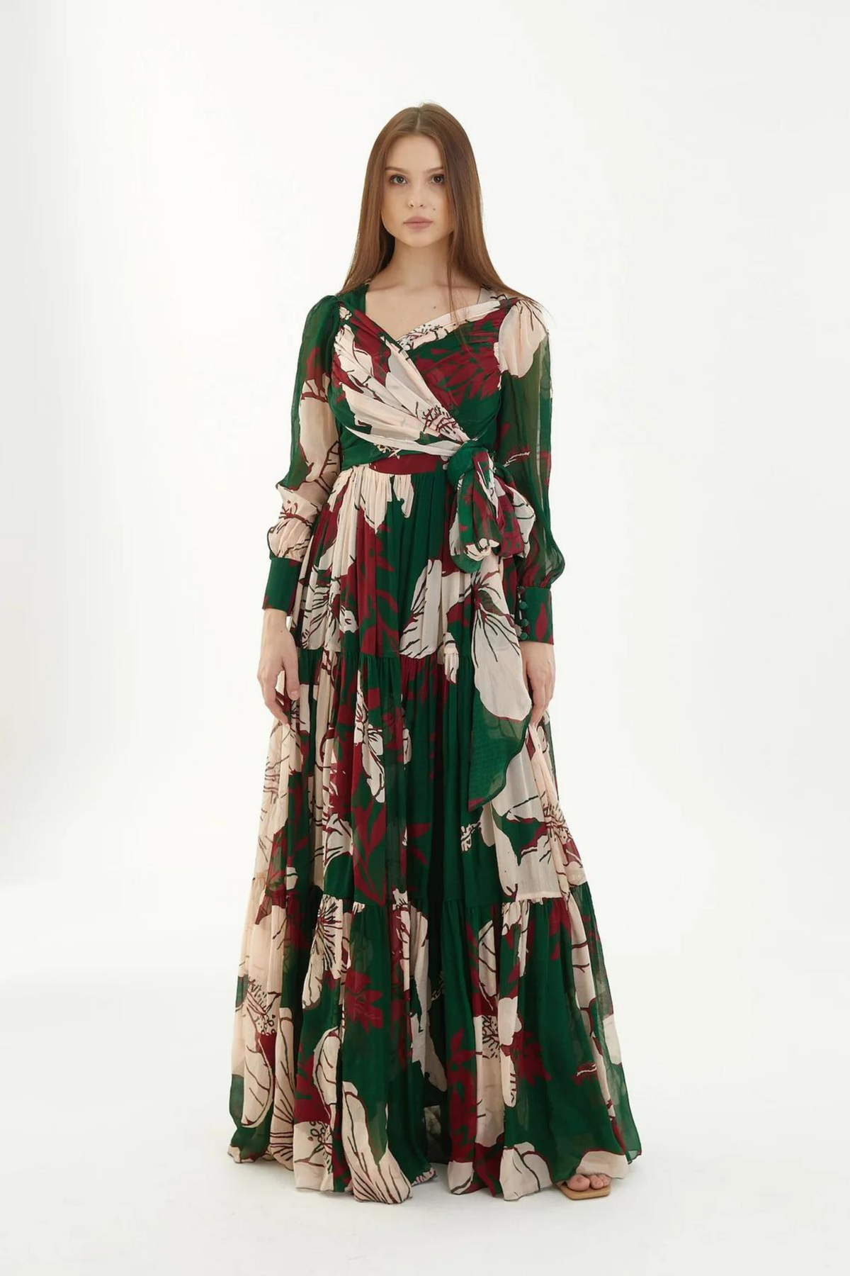 Green, Red And Offwhite Long Floral Dress