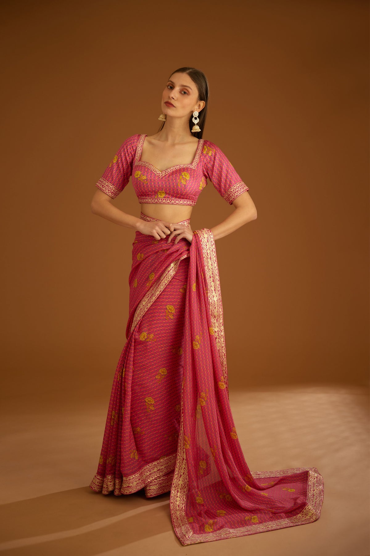 Fuschia pink Saree set