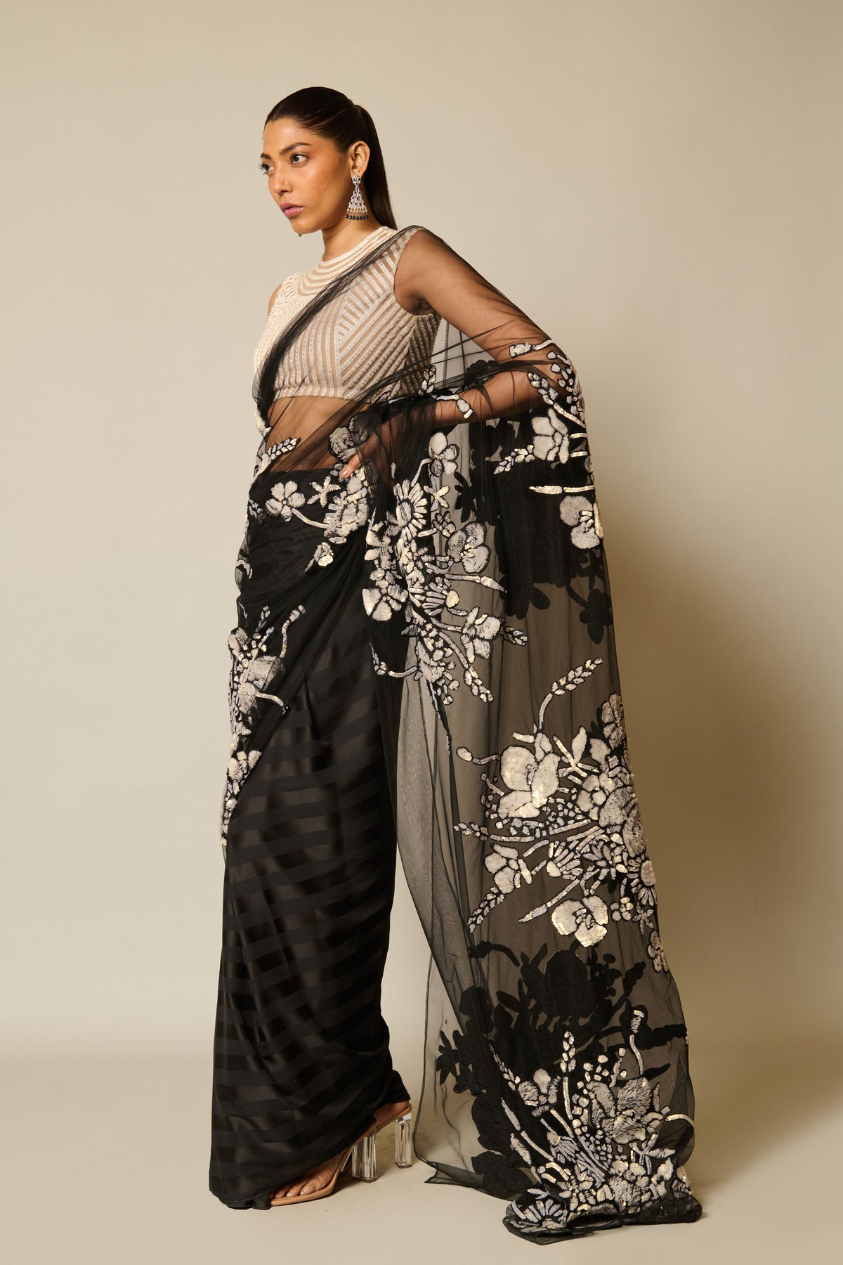 Checkmate Black-ivory Sequin Floral Saree