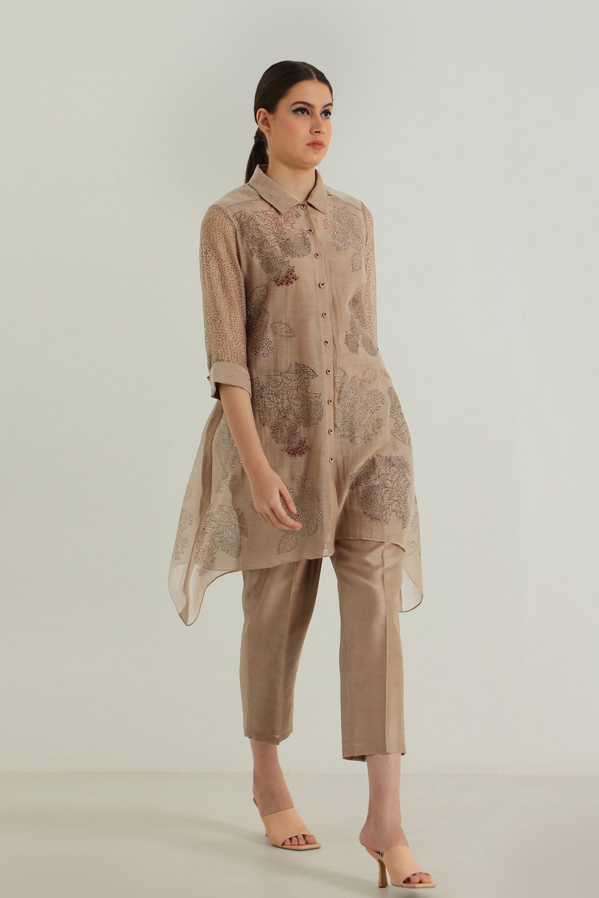 Beige  Embroidery Shirt and Pant Set