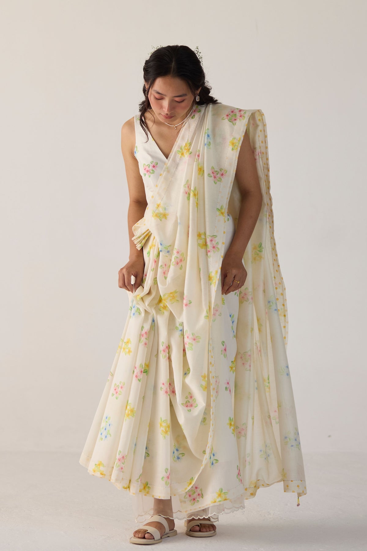 Ivory Periwinkle Silk and Cotton Chanderi Sari