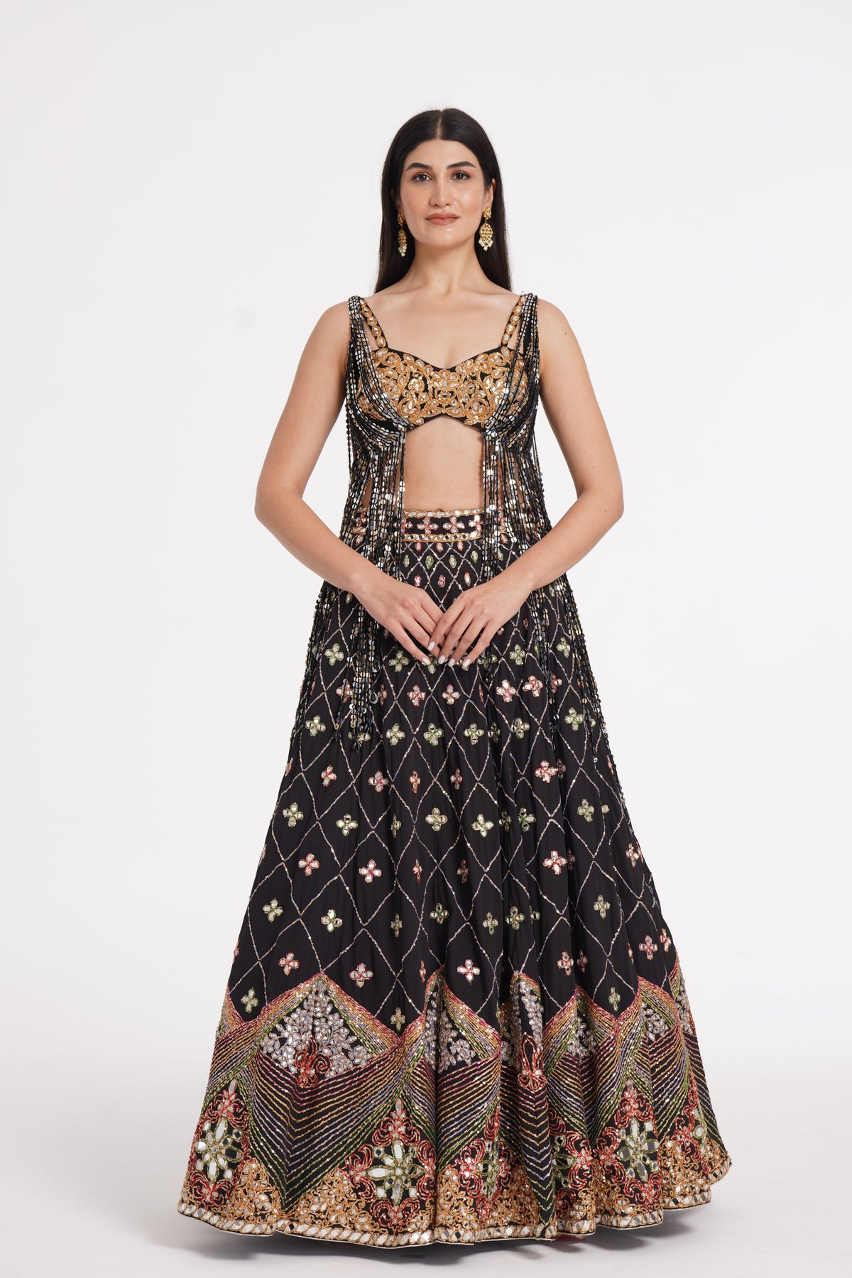 Matte Black Fringes Lehenga Set