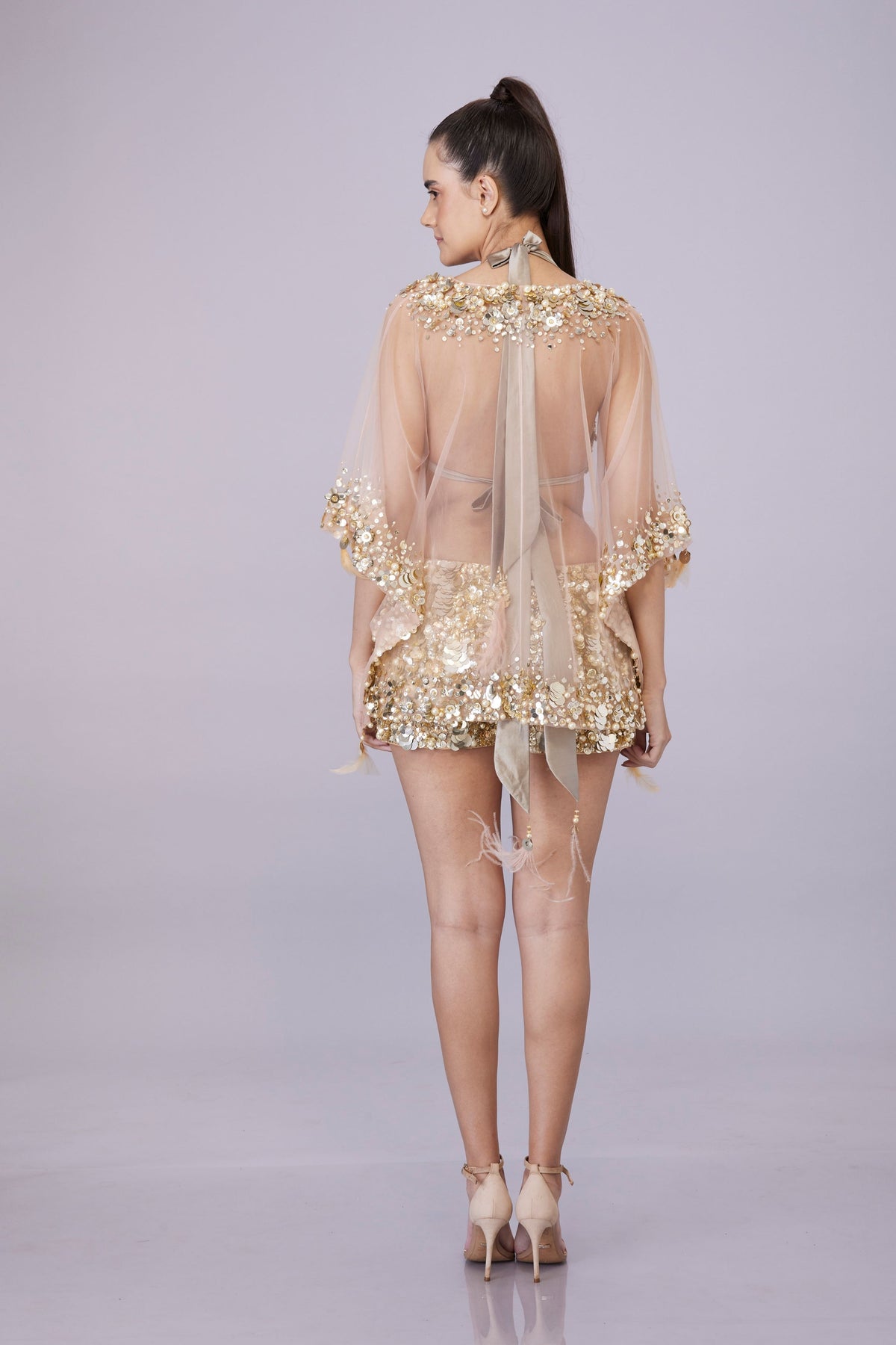 Peach Sequins Border Kaftan