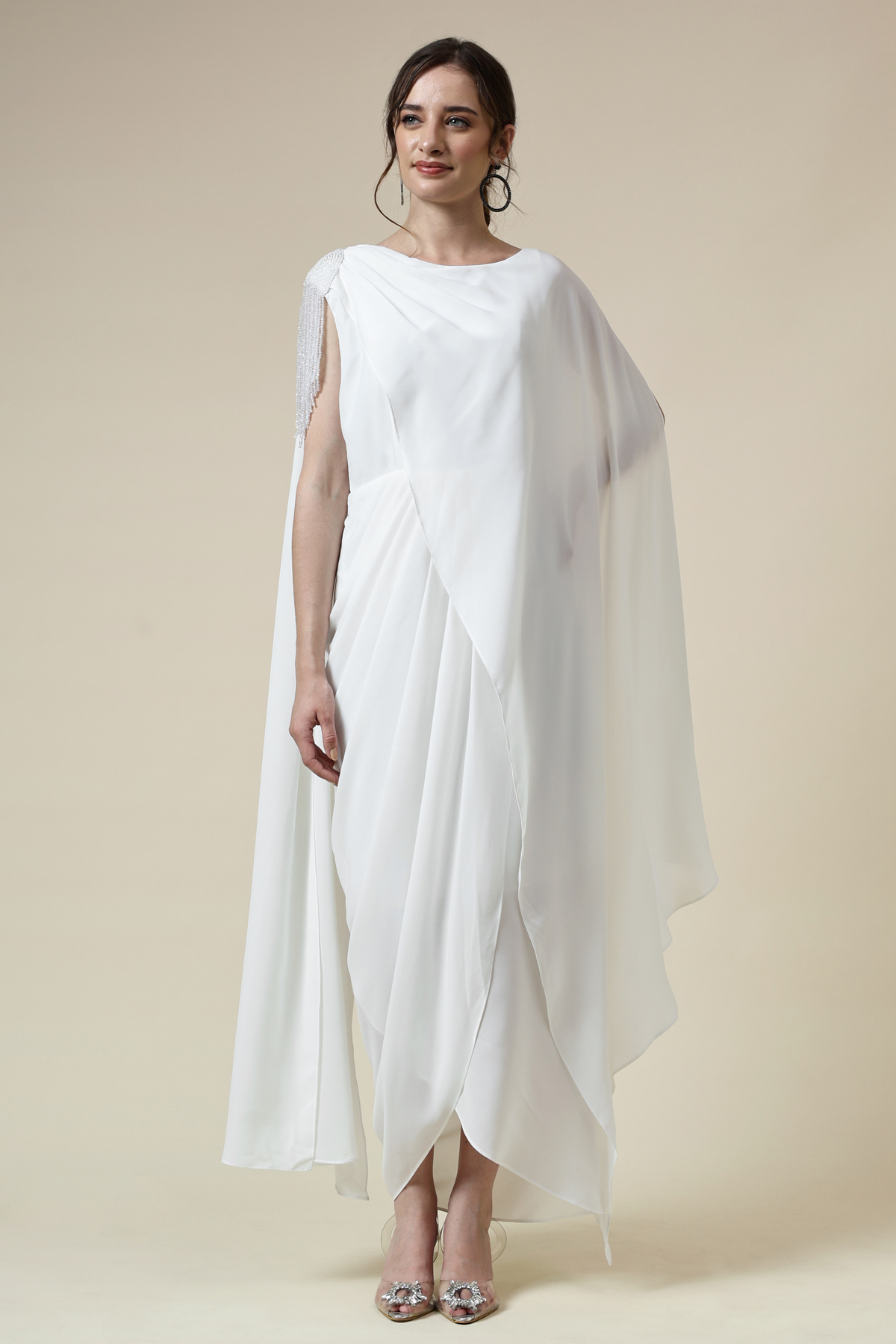 White Draped Dress With Crystal Fringes